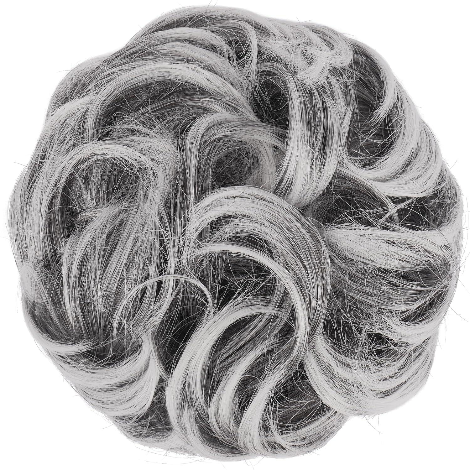 imageFESHFEN Large Messy Bun Hair Piece Wavy Synthetic Chignon Scrunchies Elastic Ponytail Hair Extensions Thick Hairpieces for Women Brunette Brown 194oz4TGrey Black with White Tips