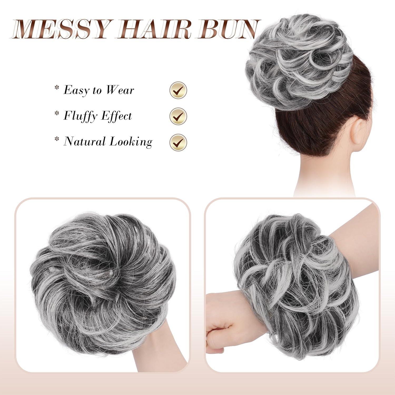 imageFESHFEN Large Messy Bun Hair Piece Wavy Synthetic Chignon Scrunchies Elastic Ponytail Hair Extensions Thick Hairpieces for Women Brunette Brown 194oz4TGrey Black with White Tips