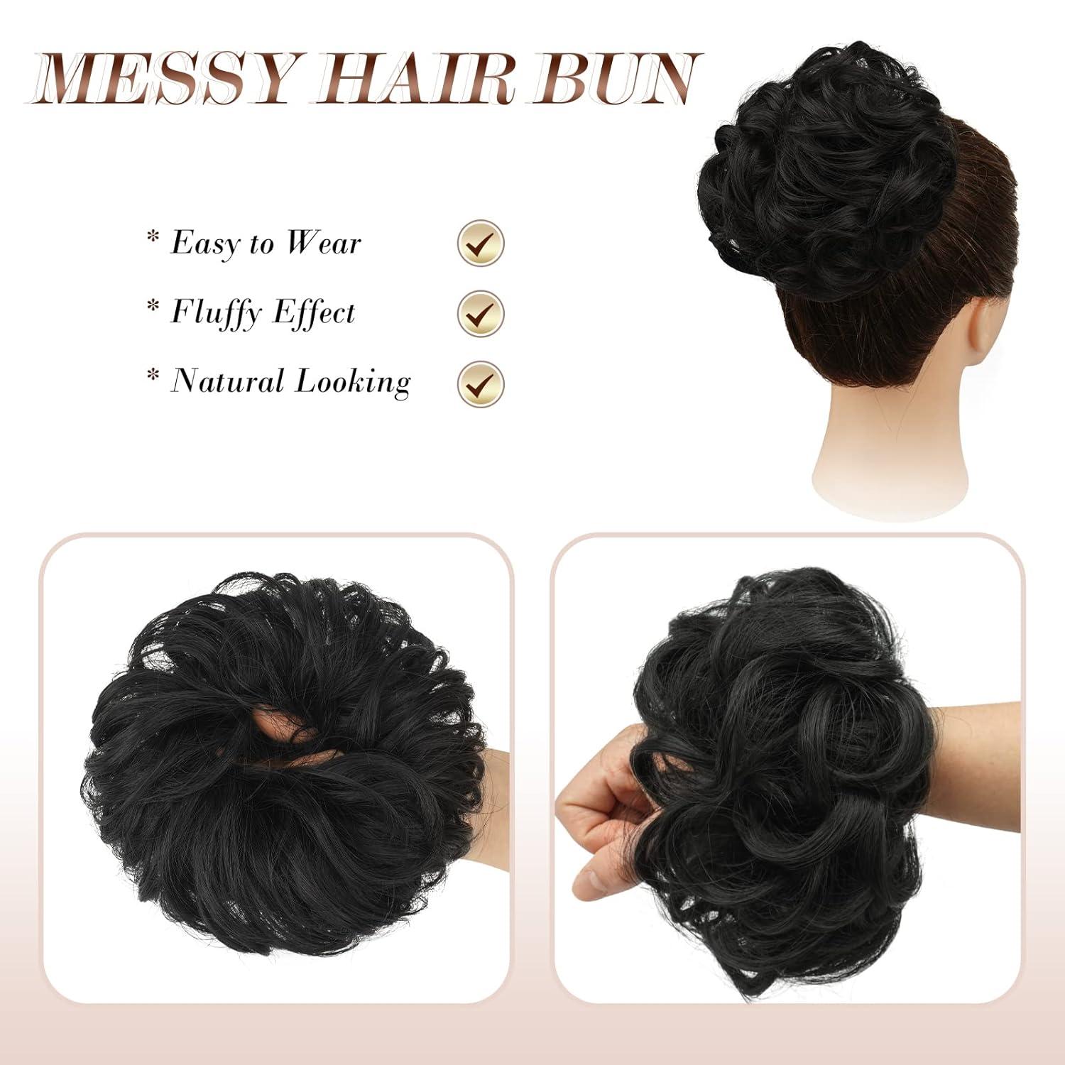imageFESHFEN Large Messy Bun Hair Piece Wavy Synthetic Chignon Scrunchies Elastic Ponytail Hair Extensions Thick Hairpieces for Women Brunette Brown 194oz2 Natural Black