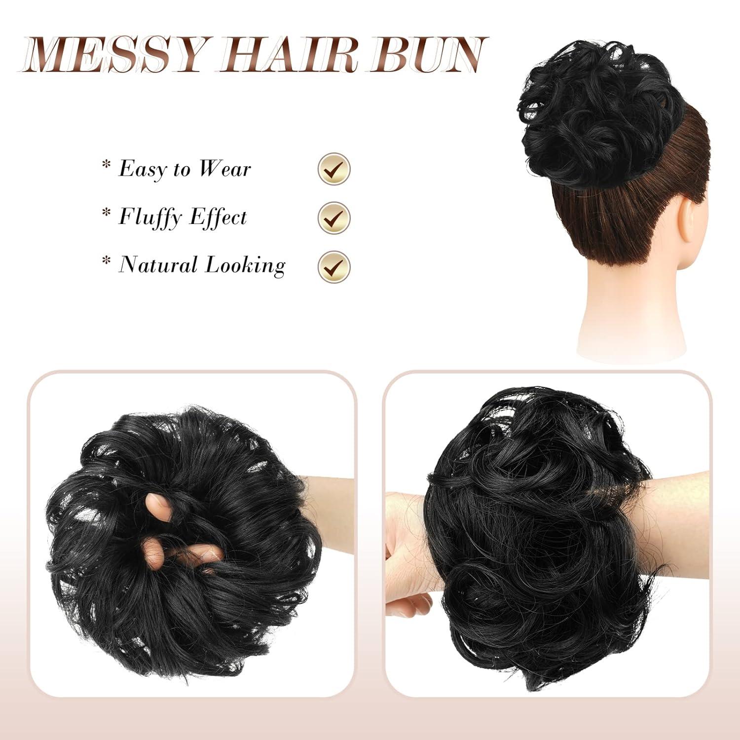 imageFESHFEN Large Messy Bun Hair Piece Wavy Synthetic Chignon Scrunchies Elastic Ponytail Hair Extensions Thick Hairpieces for Women Brunette Brown 194oz1B Off Black