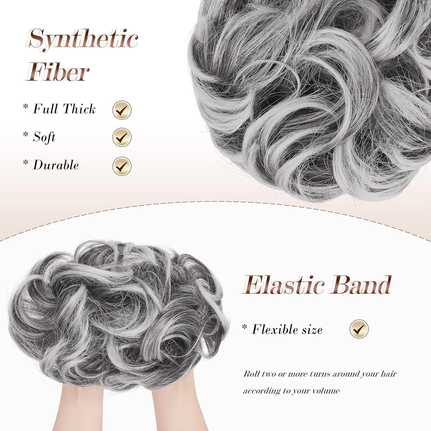 imageFESHFEN Large Messy Bun Hair Piece Wavy Synthetic Chignon Scrunchies Elastic Ponytail Hair Extensions Thick Hairpieces for Women Brunette Brown 194oz4TGrey Black with White Tips