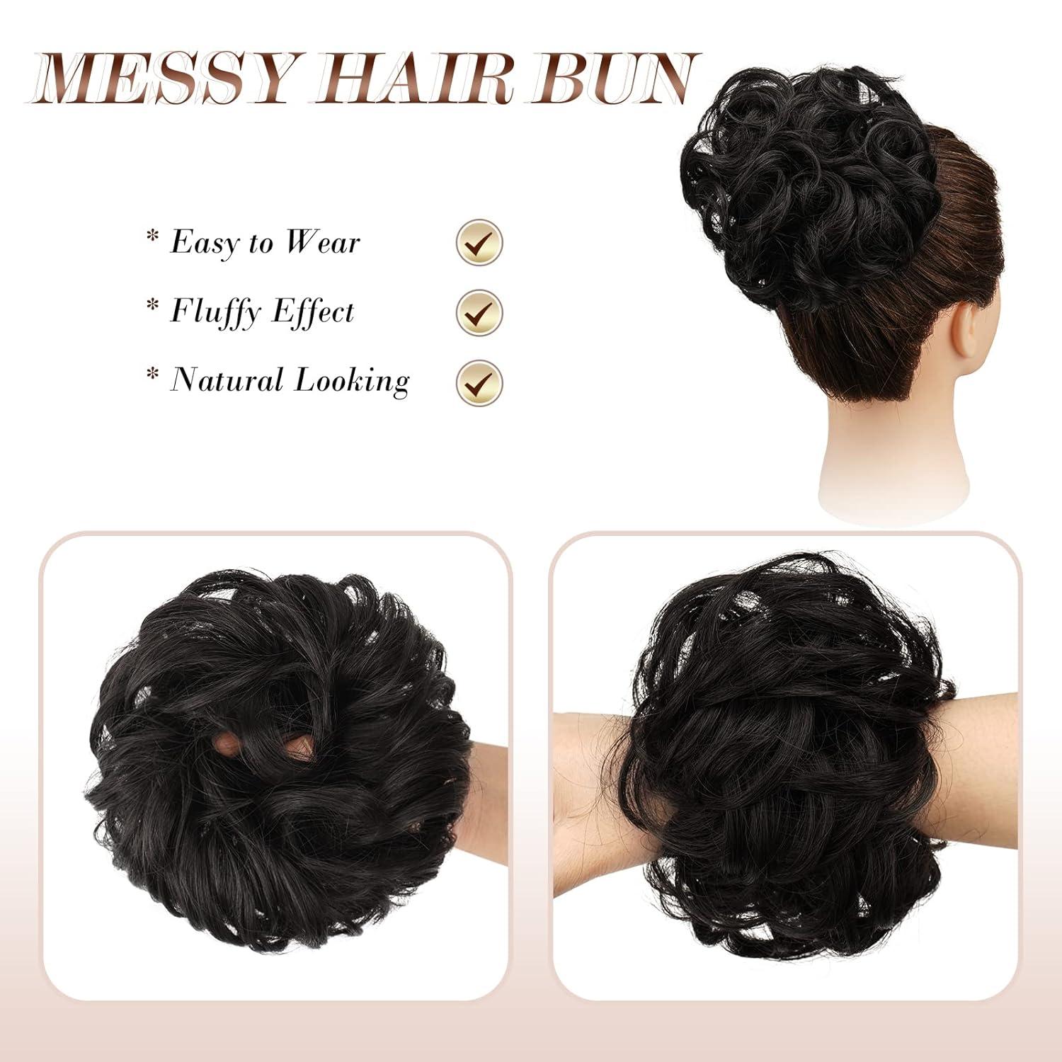 imageFESHFEN Large Messy Bun Hair Piece Wavy Synthetic Chignon Scrunchies Elastic Ponytail Hair Extensions Thick Hairpieces for Women Brunette Brown 194oz4 Black Brown