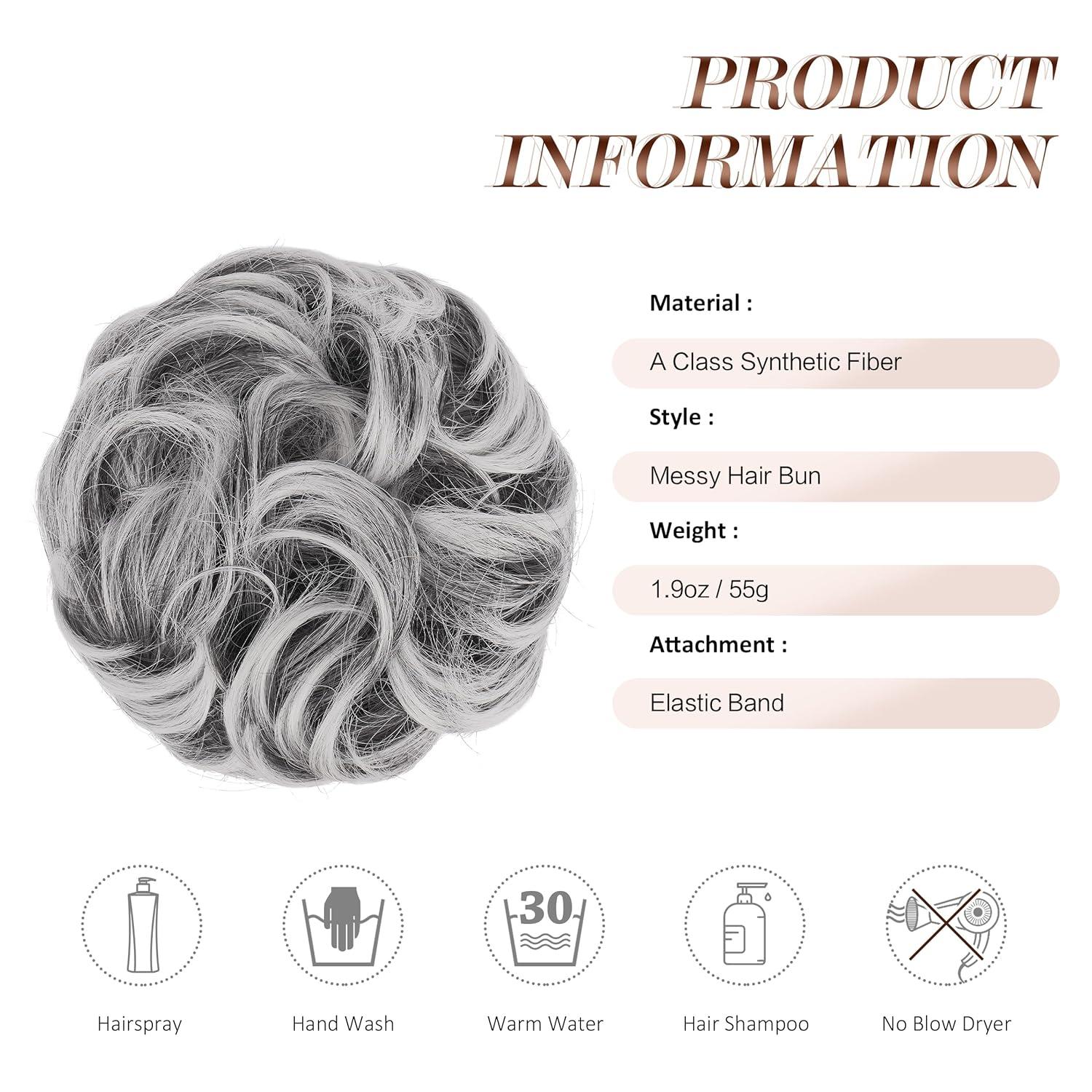 imageFESHFEN Large Messy Bun Hair Piece Wavy Synthetic Chignon Scrunchies Elastic Ponytail Hair Extensions Thick Hairpieces for Women Brunette Brown 194oz4TGrey Black with White Tips