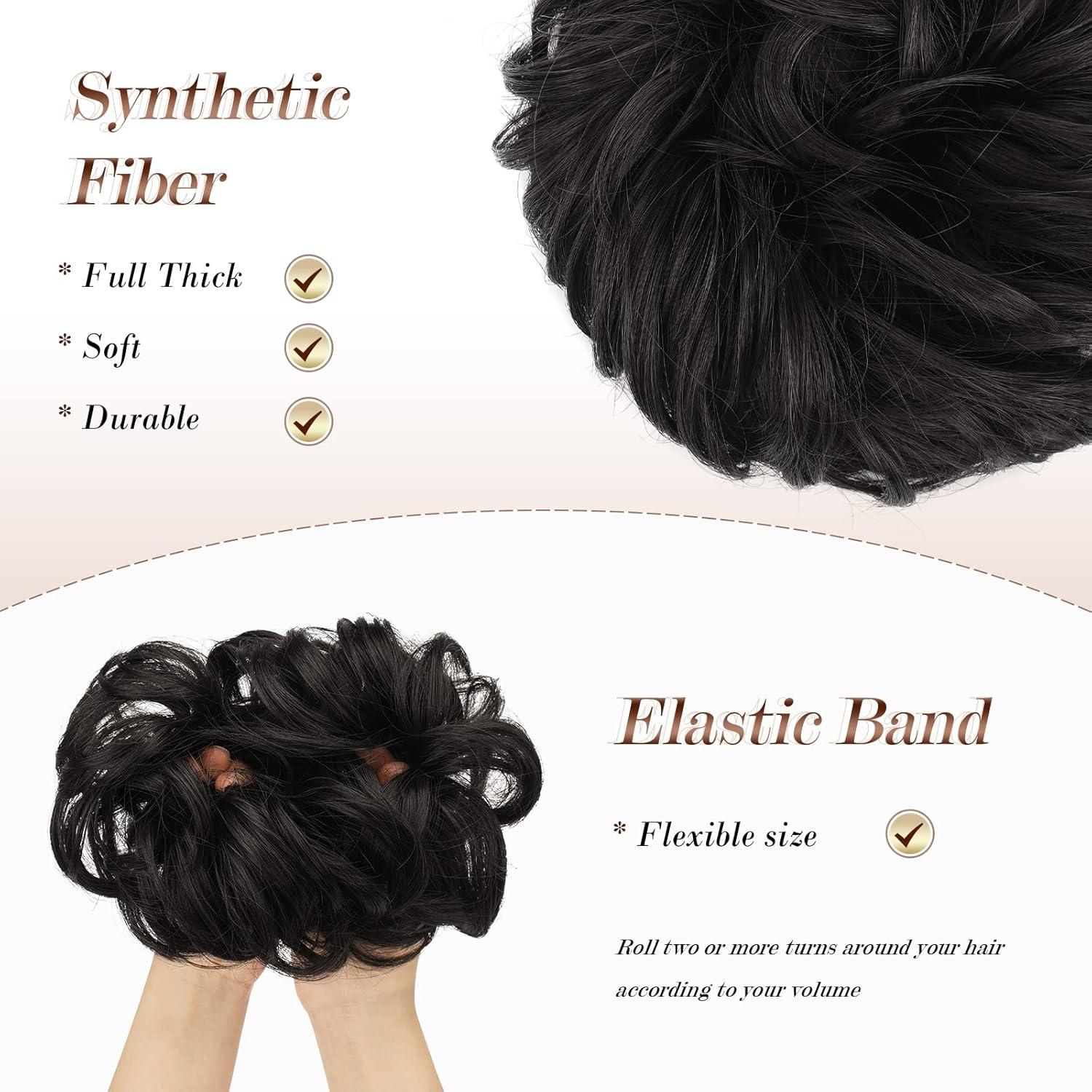 imageFESHFEN Large Messy Bun Hair Piece Wavy Synthetic Chignon Scrunchies Elastic Ponytail Hair Extensions Thick Hairpieces for Women Brunette Brown 194oz4 Black Brown