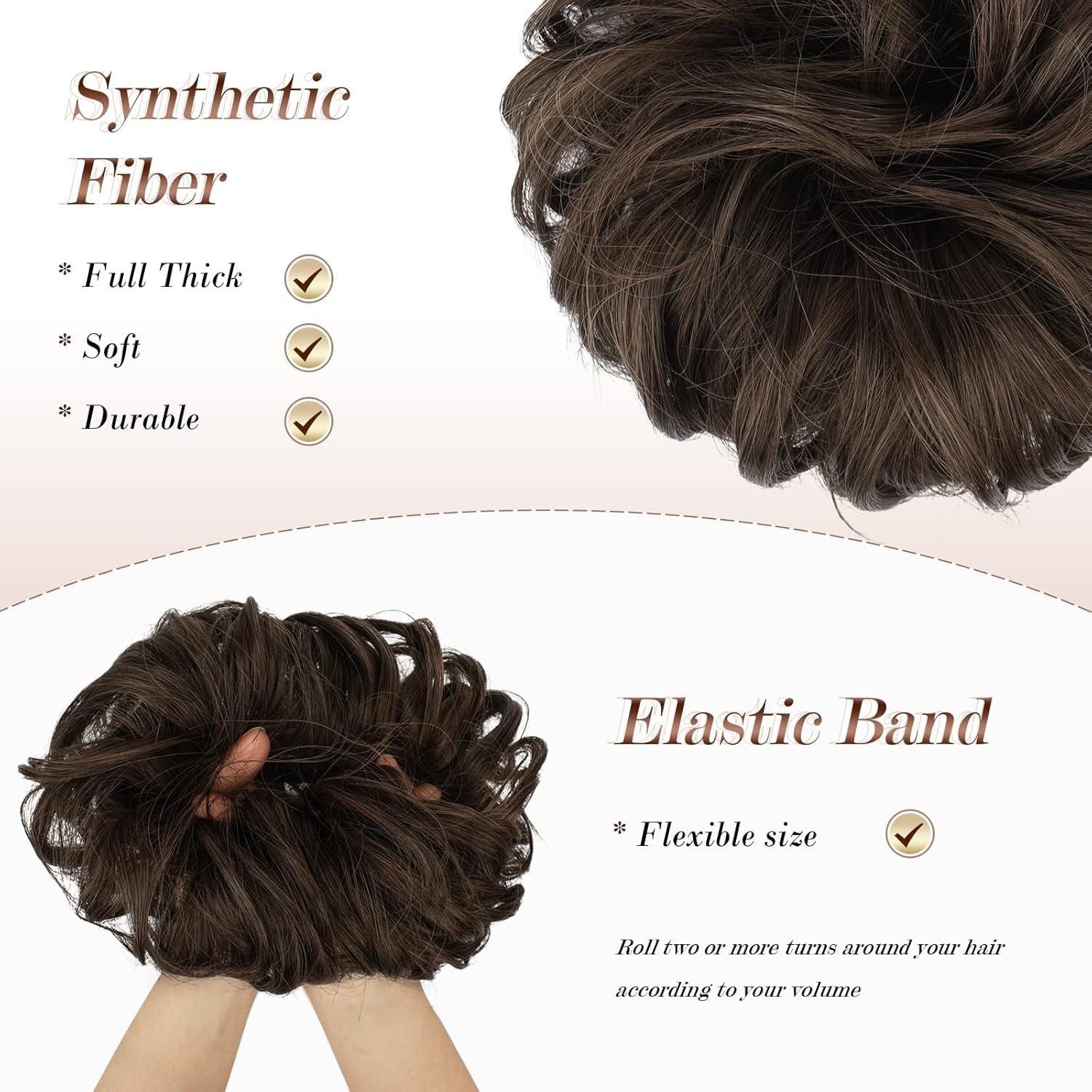 imageFESHFEN Large Messy Bun Hair Piece Wavy Synthetic Chignon Scrunchies Elastic Ponytail Hair Extensions Thick Hairpieces for Women Brunette Brown 194oz230 Dark Brown Light Auburn Mixed