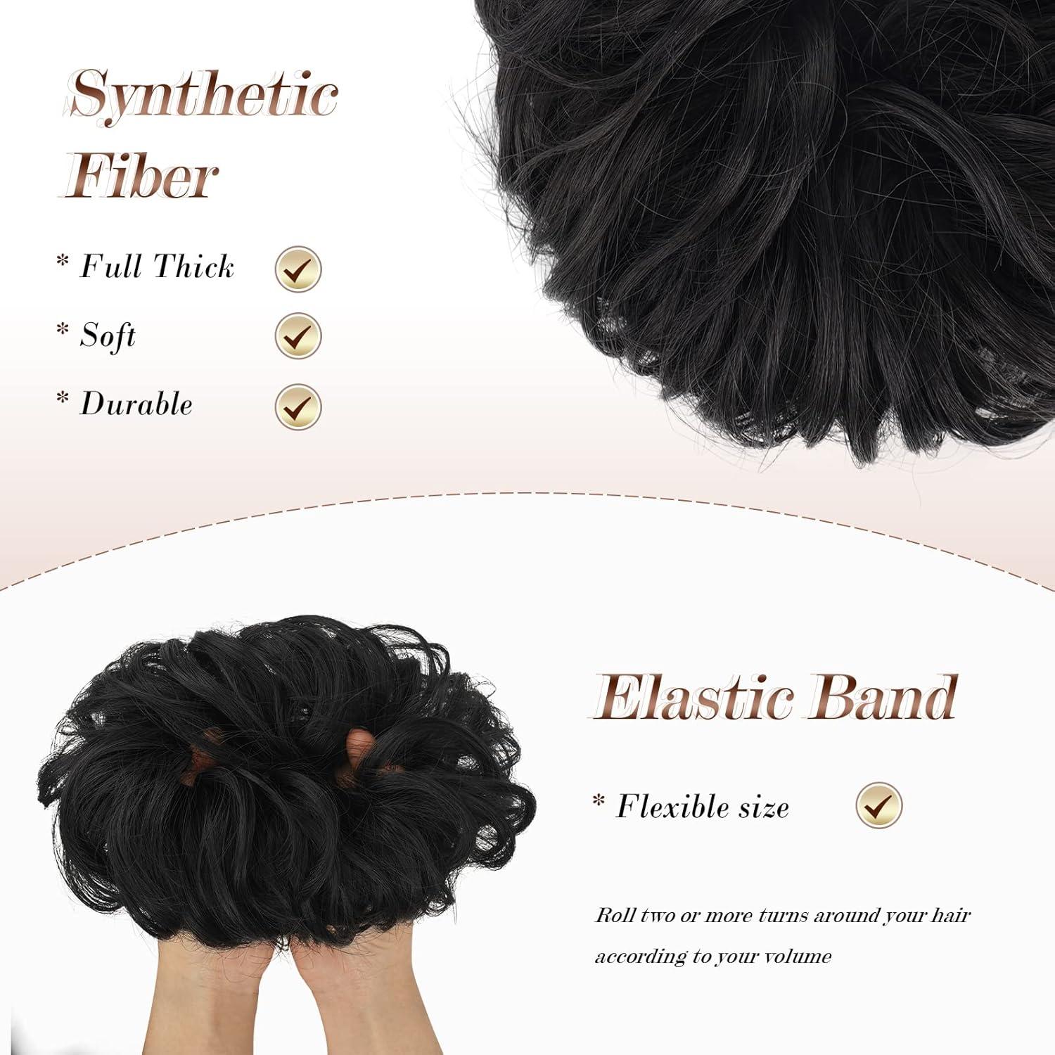imageFESHFEN Large Messy Bun Hair Piece Wavy Synthetic Chignon Scrunchies Elastic Ponytail Hair Extensions Thick Hairpieces for Women Brunette Brown 194oz2 Natural Black