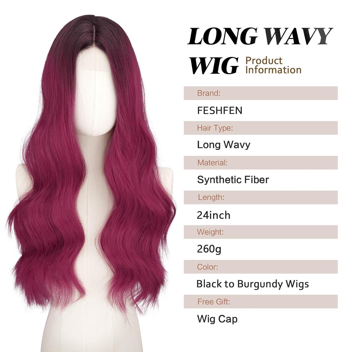 imageFESHFEN Long Dirty Blonde Wigs for Women 22 inch Middle Parting Synthetic Wavy Wig for Daily Party6 Black to Burgundy