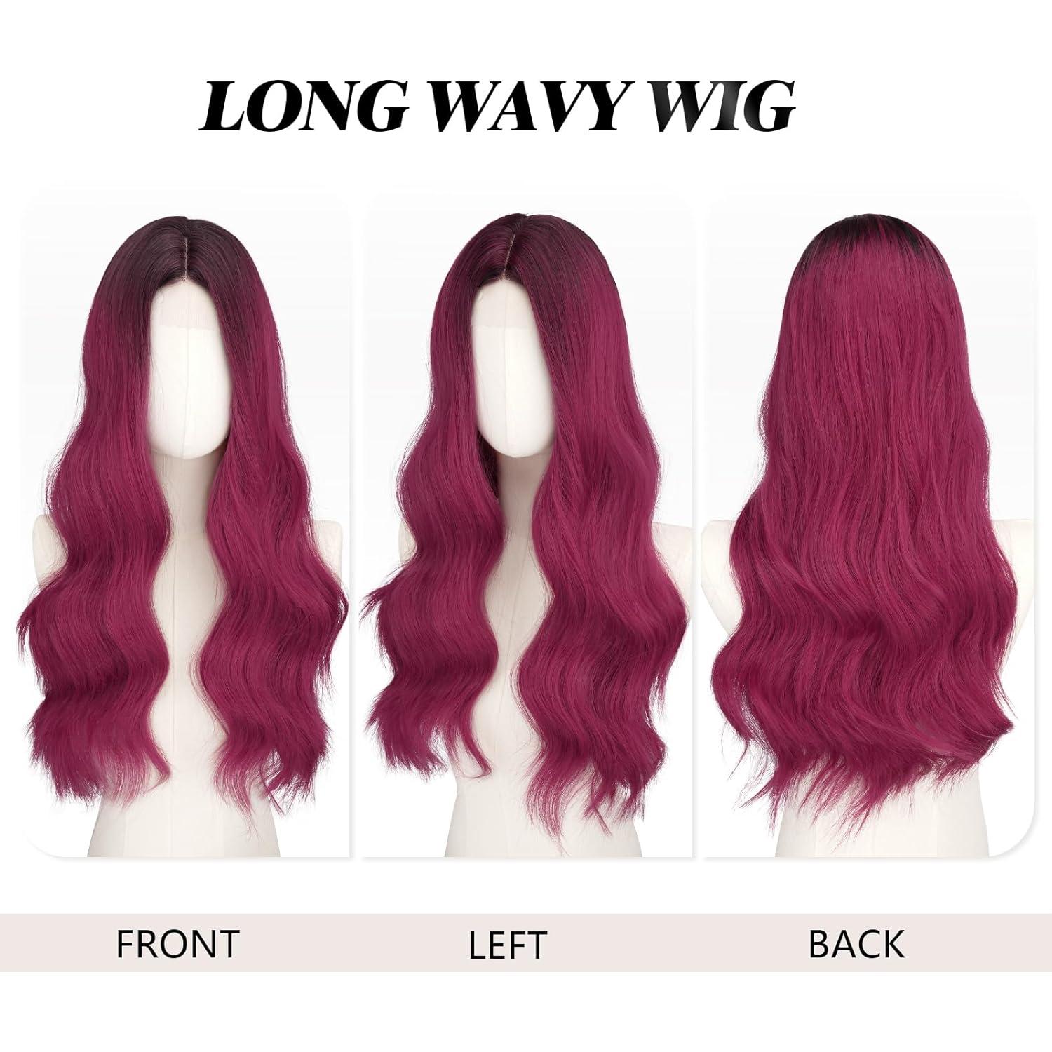imageFESHFEN Long Dirty Blonde Wigs for Women 22 inch Middle Parting Synthetic Wavy Wig for Daily Party6 Black to Burgundy
