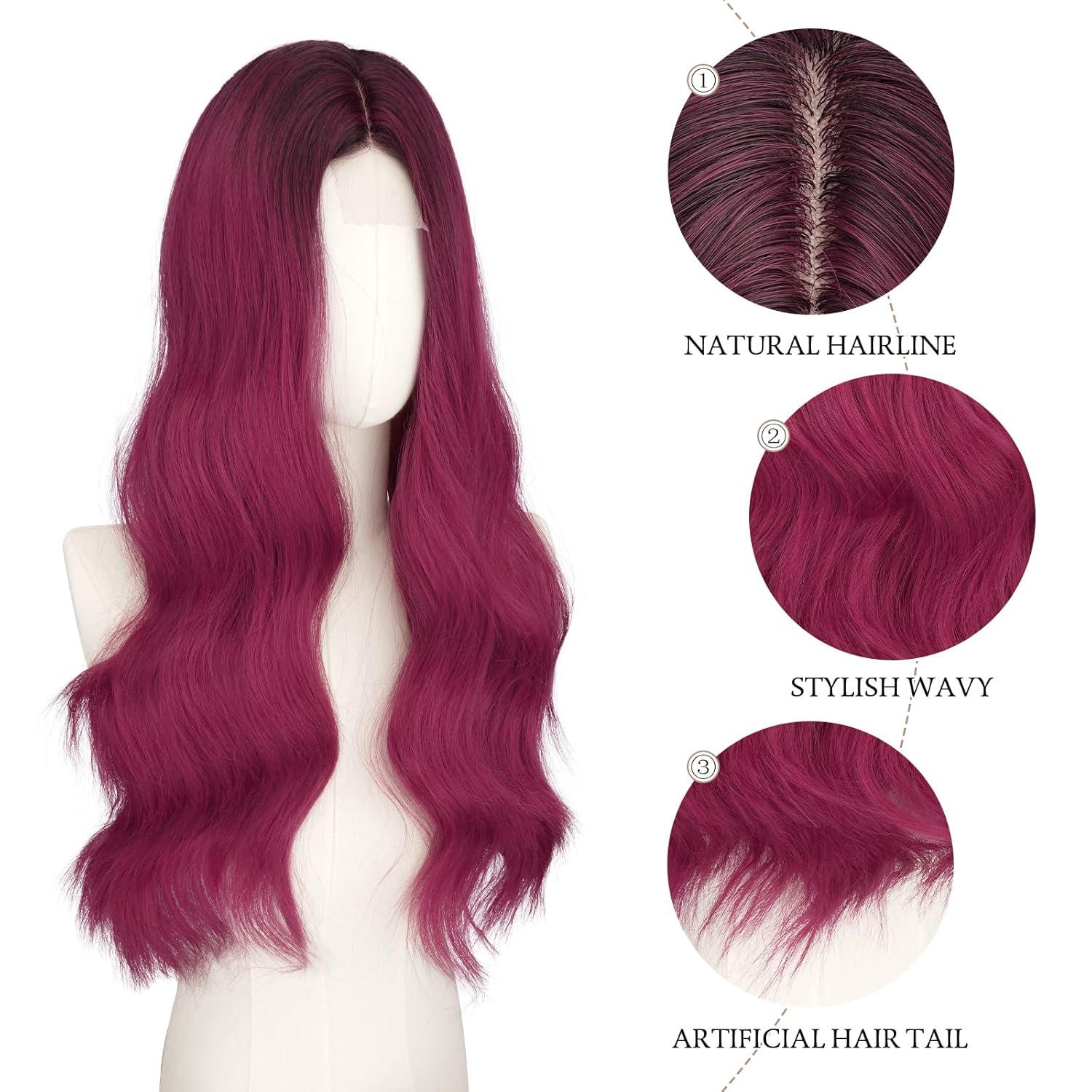 imageFESHFEN Long Dirty Blonde Wigs for Women 22 inch Middle Parting Synthetic Wavy Wig for Daily Party6 Black to Burgundy