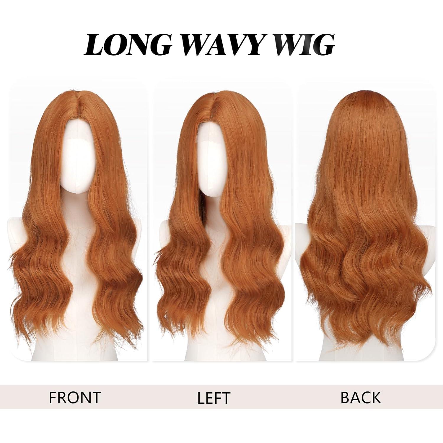imageFESHFEN Long Dirty Blonde Wigs for Women 22 inch Middle Parting Synthetic Wavy Wig for Daily PartyAuburn