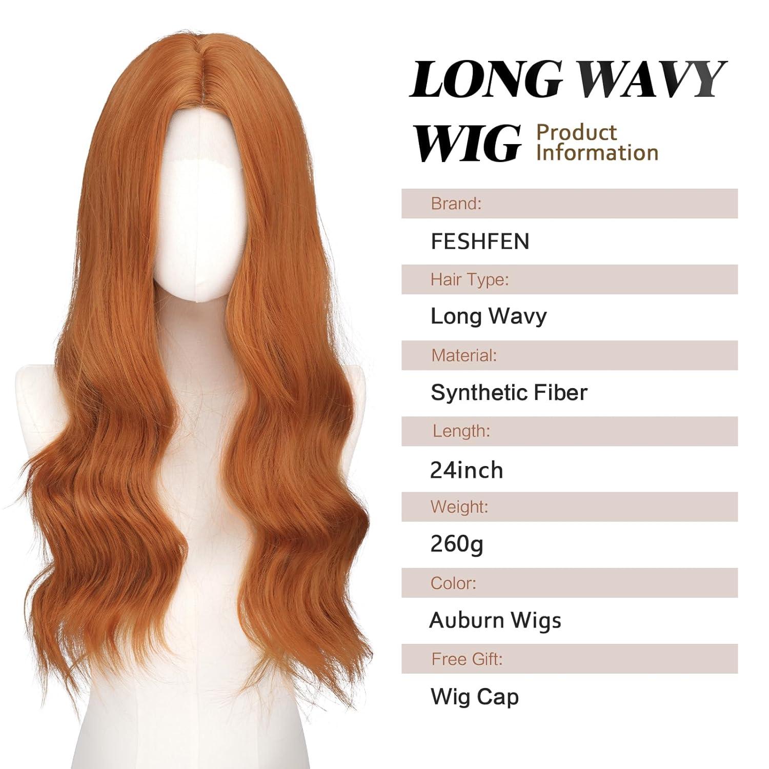 imageFESHFEN Long Dirty Blonde Wigs for Women 22 inch Middle Parting Synthetic Wavy Wig for Daily PartyAuburn