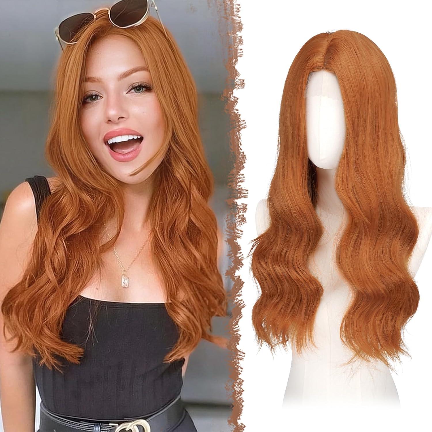 imageFESHFEN Long Dirty Blonde Wigs for Women 22 inch Middle Parting Synthetic Wavy Wig for Daily PartyAuburn