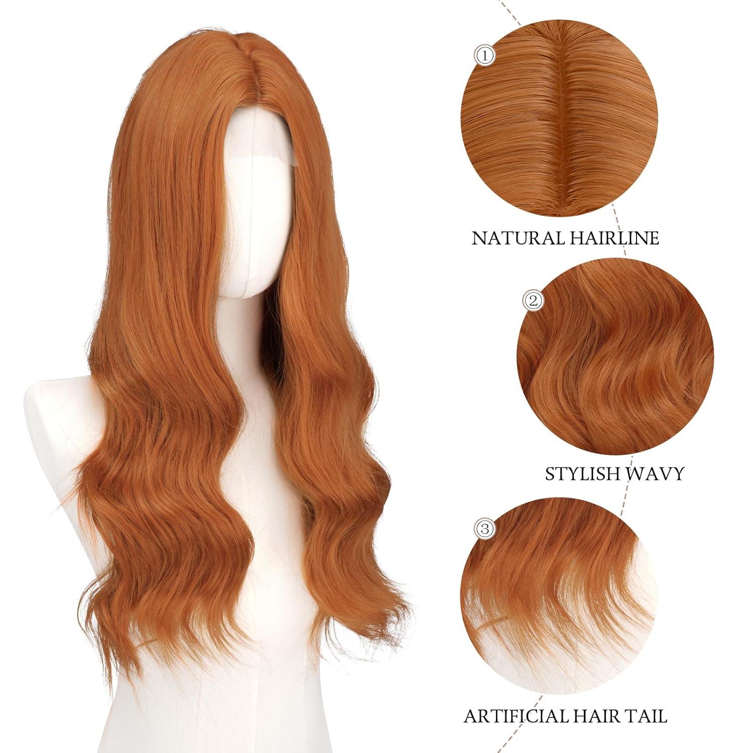 imageFESHFEN Long Dirty Blonde Wigs for Women 22 inch Middle Parting Synthetic Wavy Wig for Daily PartyAuburn