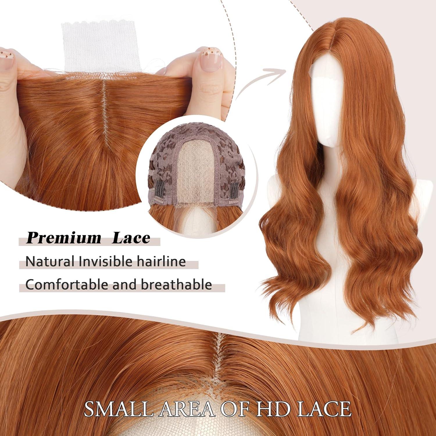 imageFESHFEN Long Dirty Blonde Wigs for Women 22 inch Middle Parting Synthetic Wavy Wig for Daily PartyAuburn Red