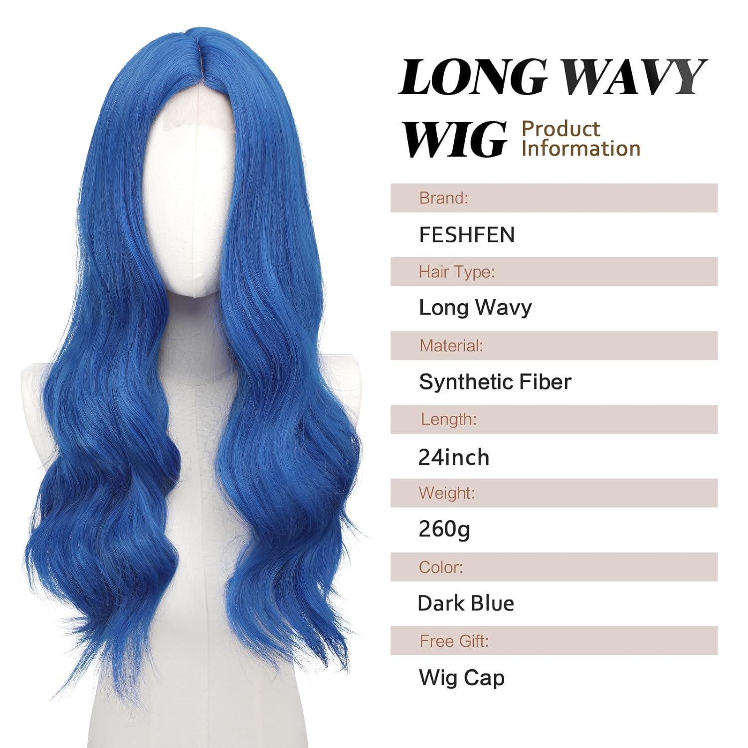 imageFESHFEN Long Dirty Blonde Wigs for Women 22 inch Middle Parting Synthetic Wavy Wig for Daily PartyDark Blue