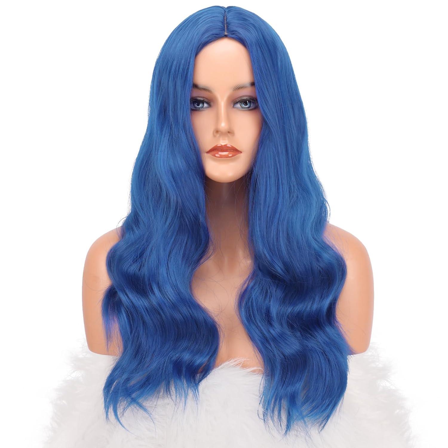 imageFESHFEN Long Dirty Blonde Wigs for Women 22 inch Middle Parting Synthetic Wavy Wig for Daily PartyDark Blue