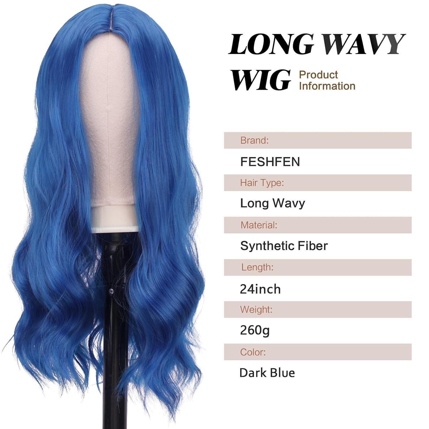 imageFESHFEN Long Dirty Blonde Wigs for Women 22 inch Middle Parting Synthetic Wavy Wig for Daily PartyDark Blue