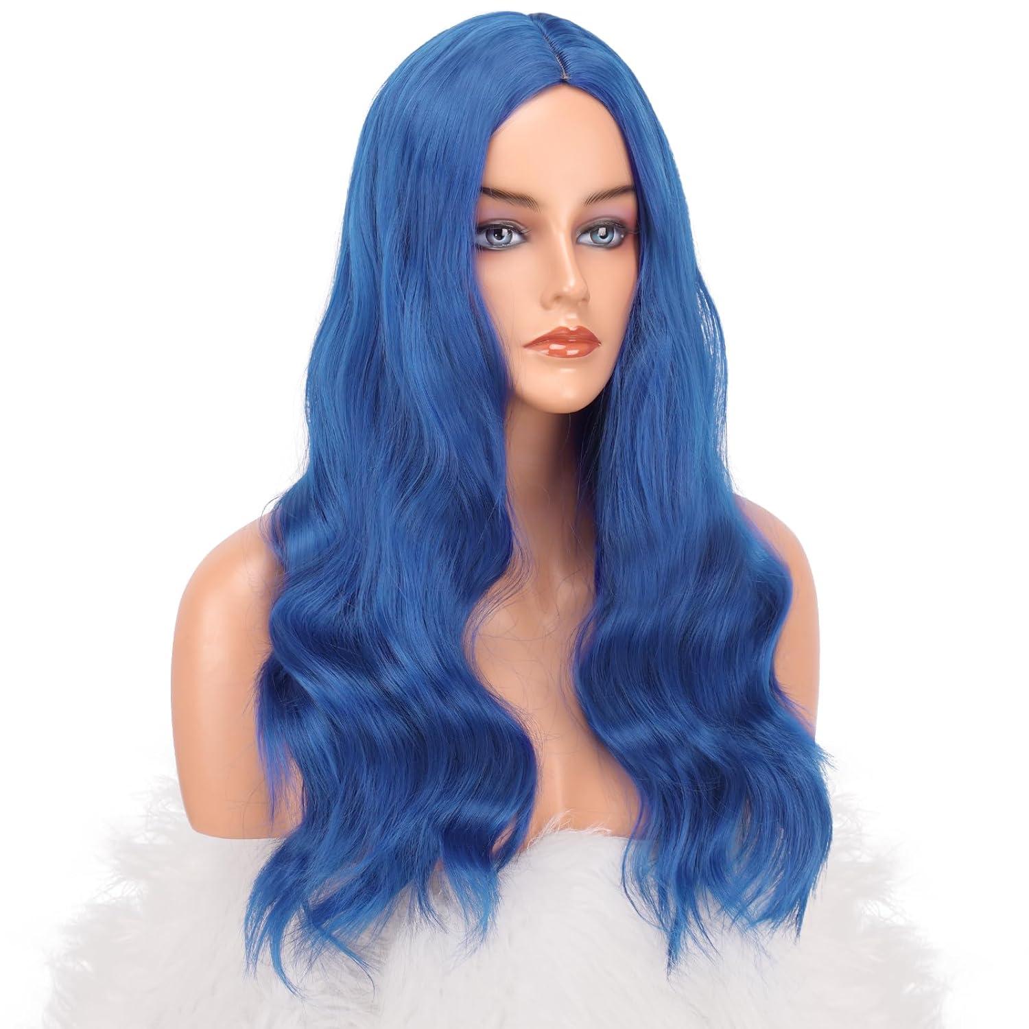 imageFESHFEN Long Dirty Blonde Wigs for Women 22 inch Middle Parting Synthetic Wavy Wig for Daily PartyDark Blue