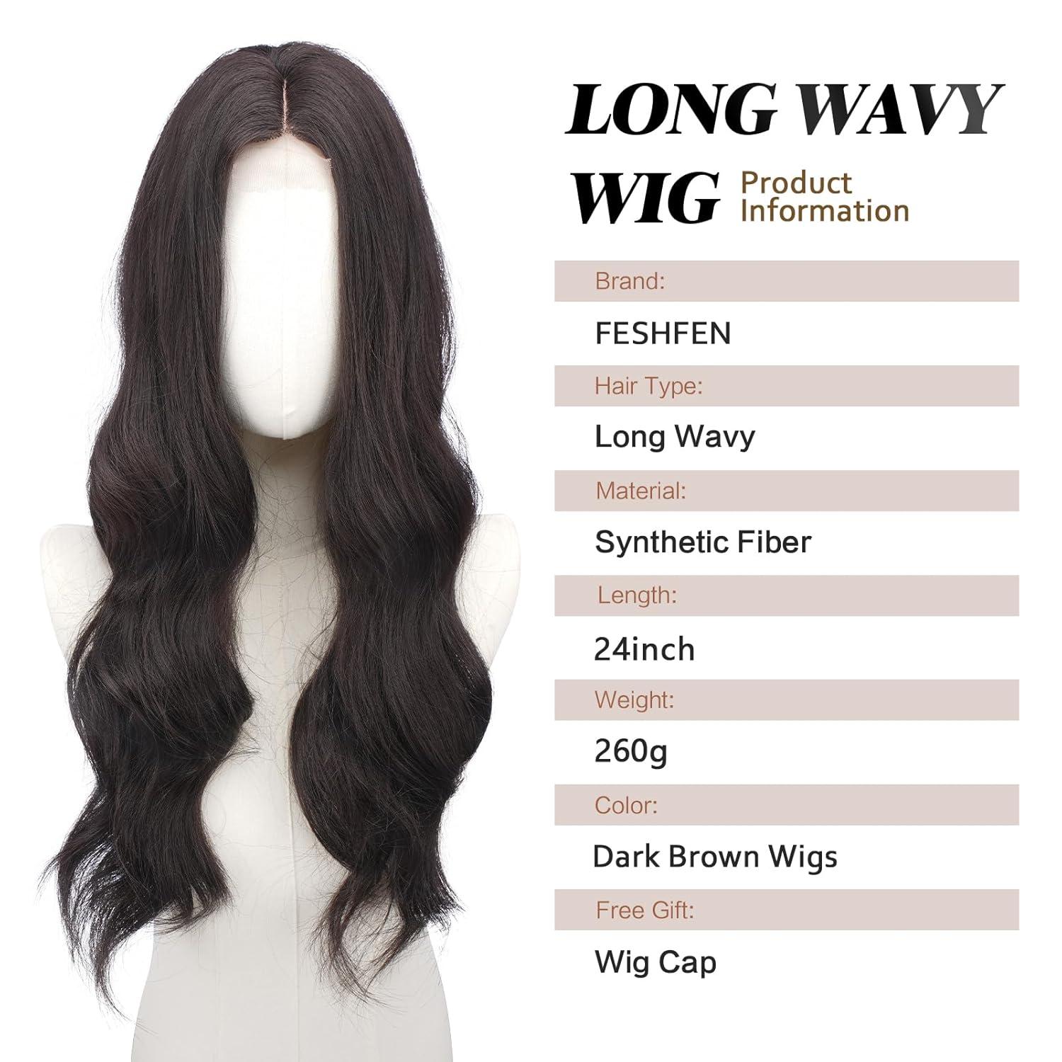 imageFESHFEN Long Dirty Blonde Wigs for Women 22 inch Middle Parting Synthetic Wavy Wig for Daily PartyDark Brown