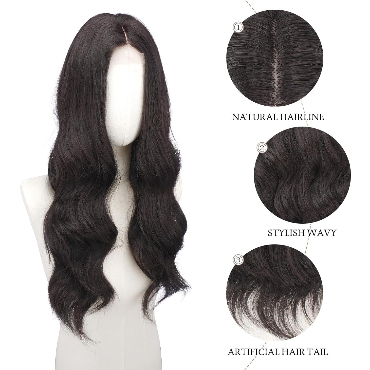 imageFESHFEN Long Dirty Blonde Wigs for Women 22 inch Middle Parting Synthetic Wavy Wig for Daily PartyDark Brown