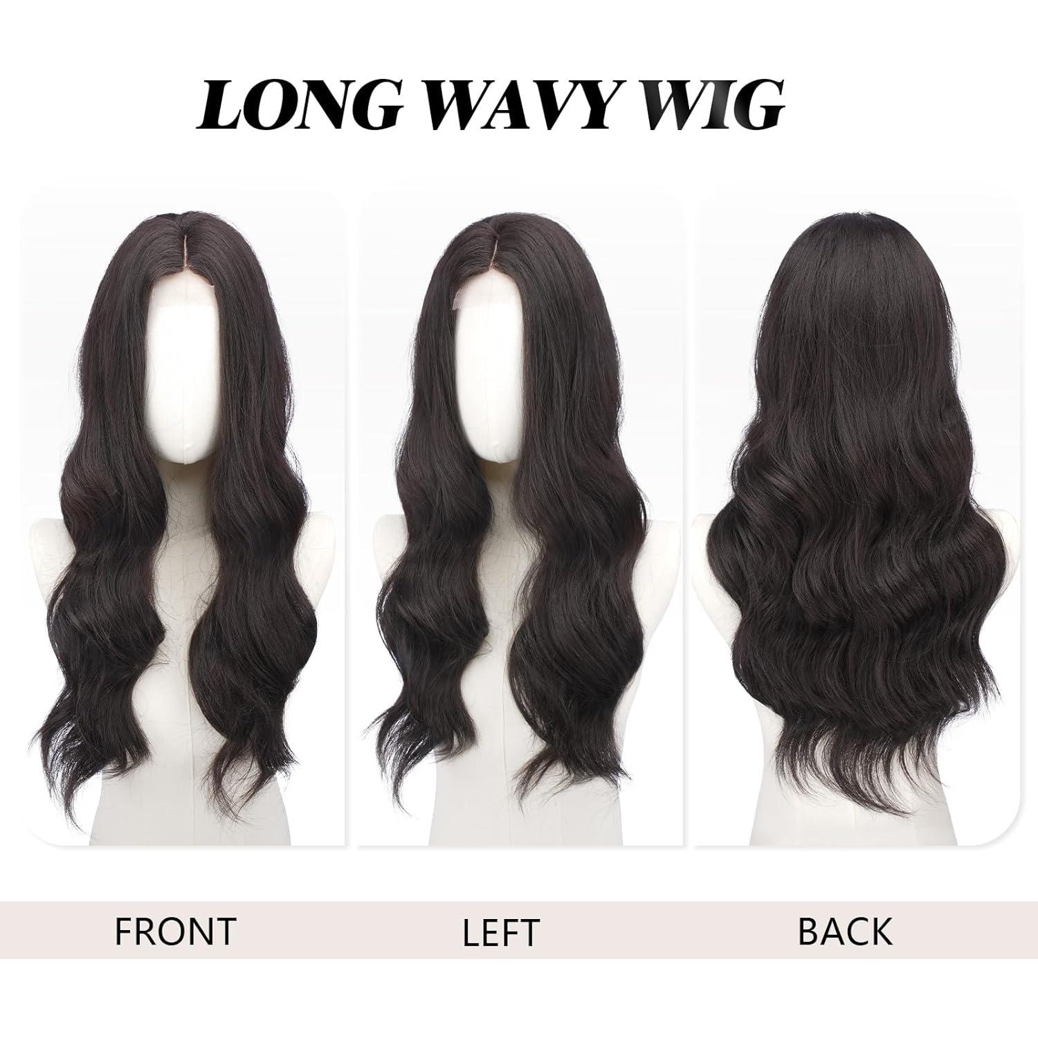 imageFESHFEN Long Dirty Blonde Wigs for Women 22 inch Middle Parting Synthetic Wavy Wig for Daily PartyDark Brown