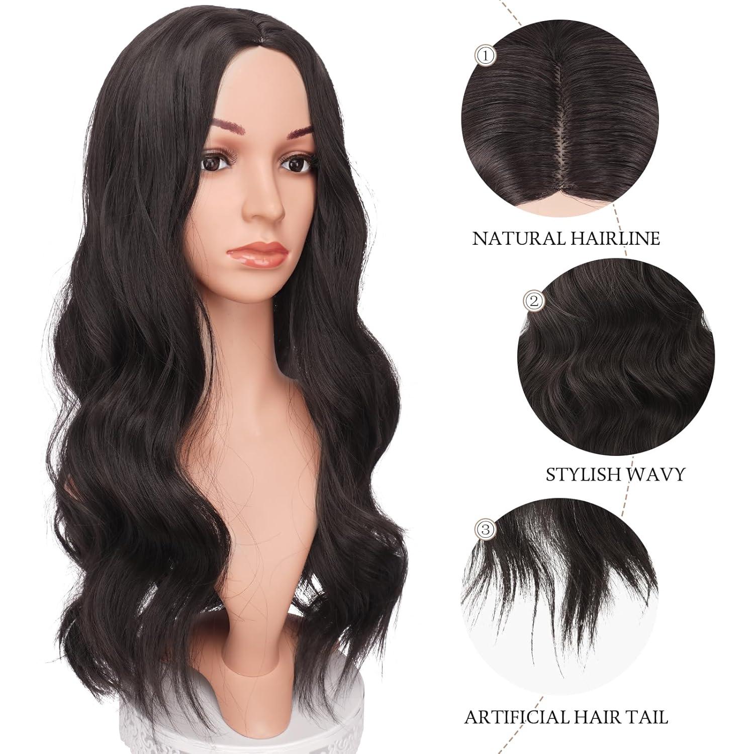imageFESHFEN Long Dirty Blonde Wigs for Women 22 inch Middle Parting Synthetic Wavy Wig for Daily PartyDark Brown