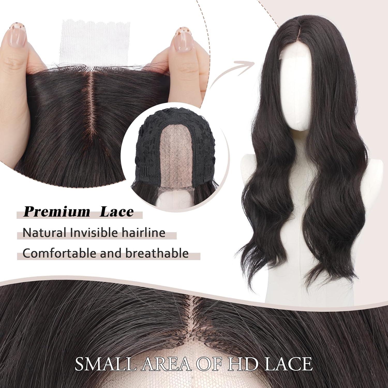 imageFESHFEN Long Dirty Blonde Wigs for Women 22 inch Middle Parting Synthetic Wavy Wig for Daily PartyDark Brown