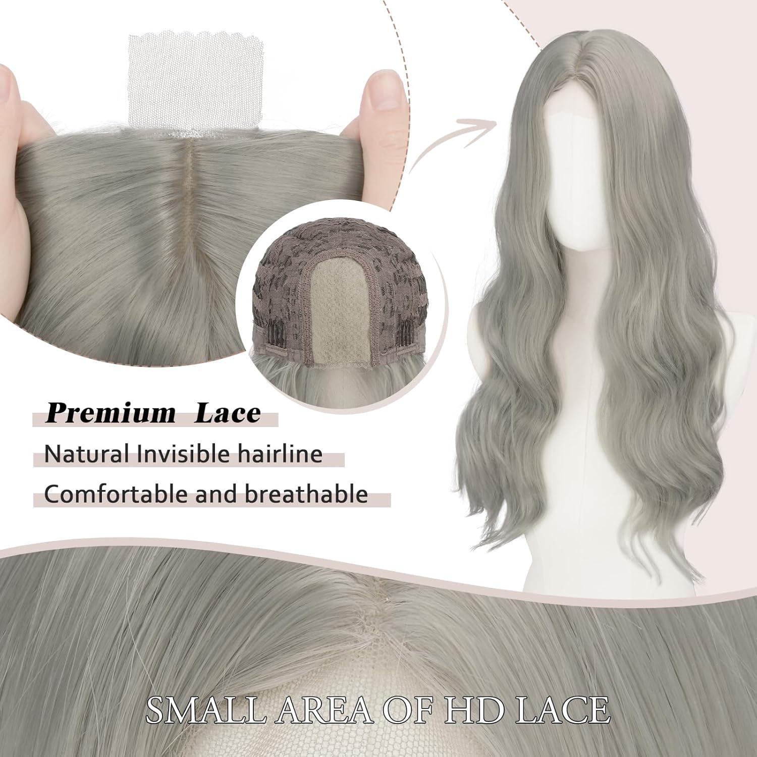 imageFESHFEN Long Dirty Blonde Wigs for Women 22 inch Middle Parting Synthetic Wavy Wig for Daily PartyGrey
