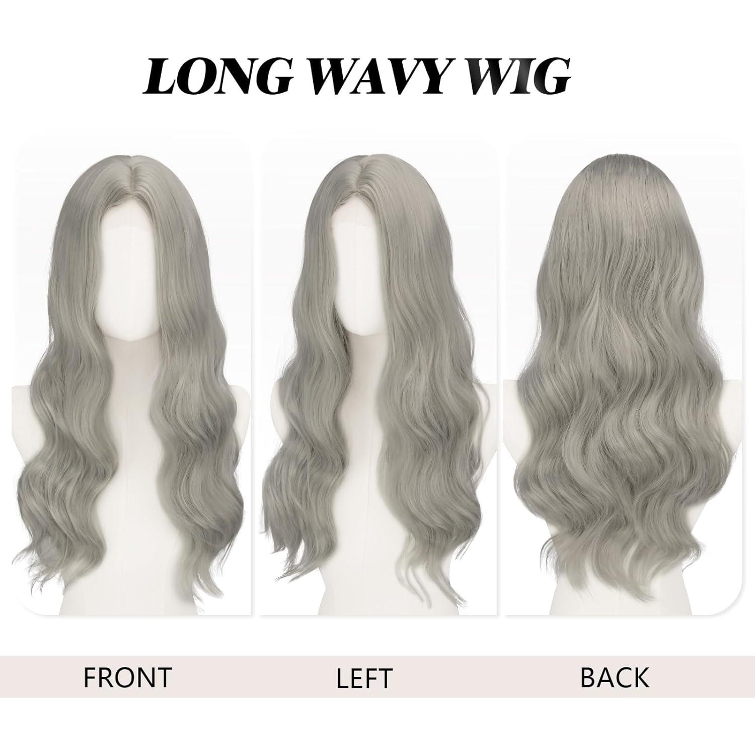 imageFESHFEN Long Dirty Blonde Wigs for Women 22 inch Middle Parting Synthetic Wavy Wig for Daily PartyGrey