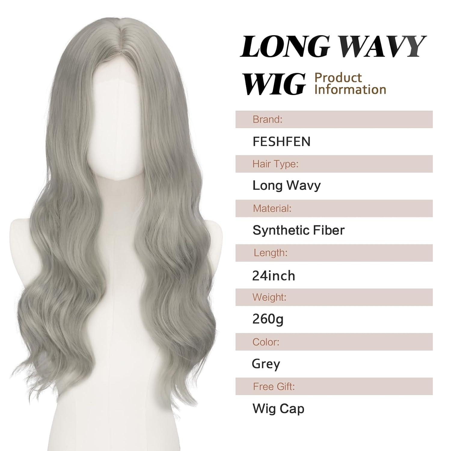 imageFESHFEN Long Dirty Blonde Wigs for Women 22 inch Middle Parting Synthetic Wavy Wig for Daily PartyGrey