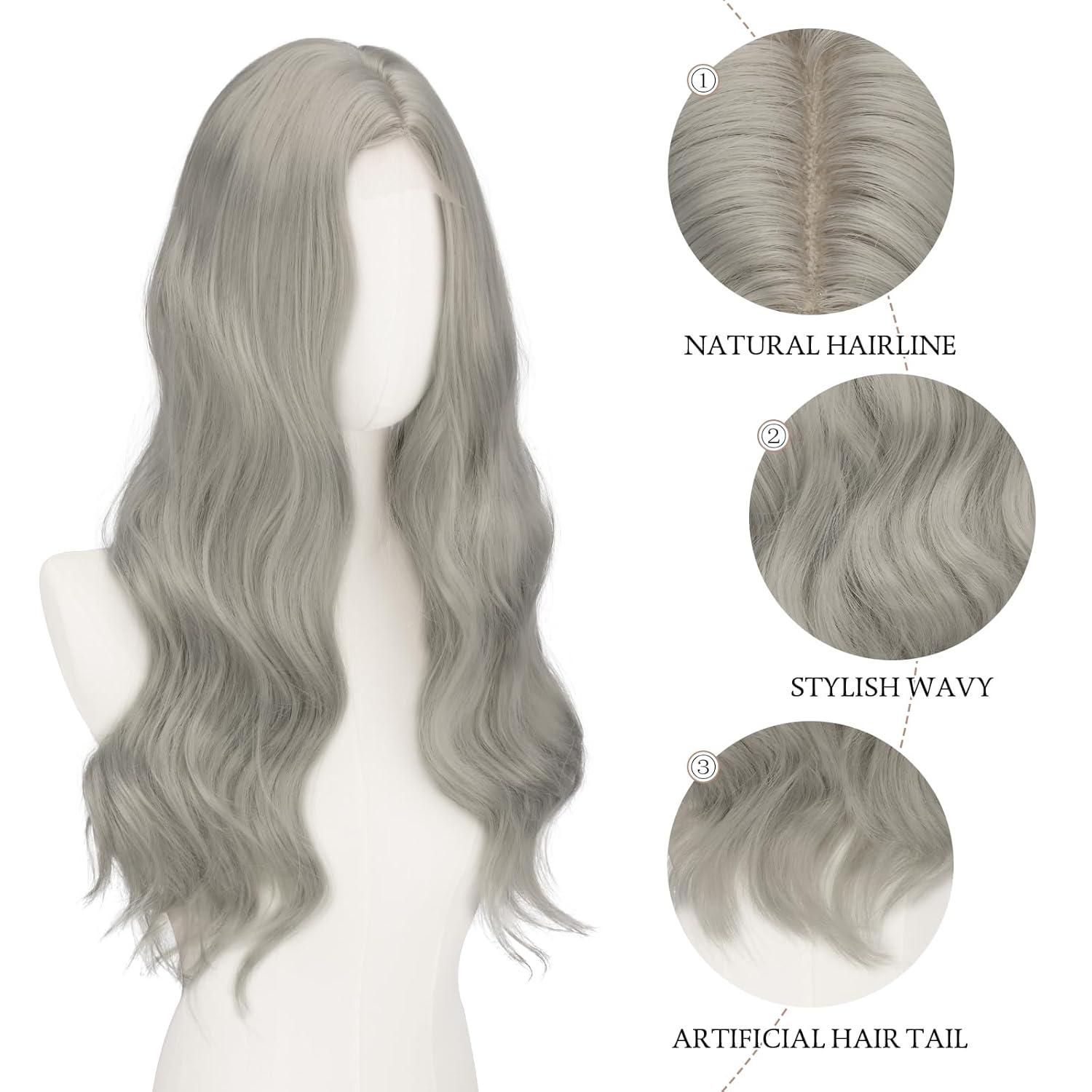 imageFESHFEN Long Dirty Blonde Wigs for Women 22 inch Middle Parting Synthetic Wavy Wig for Daily PartyGrey