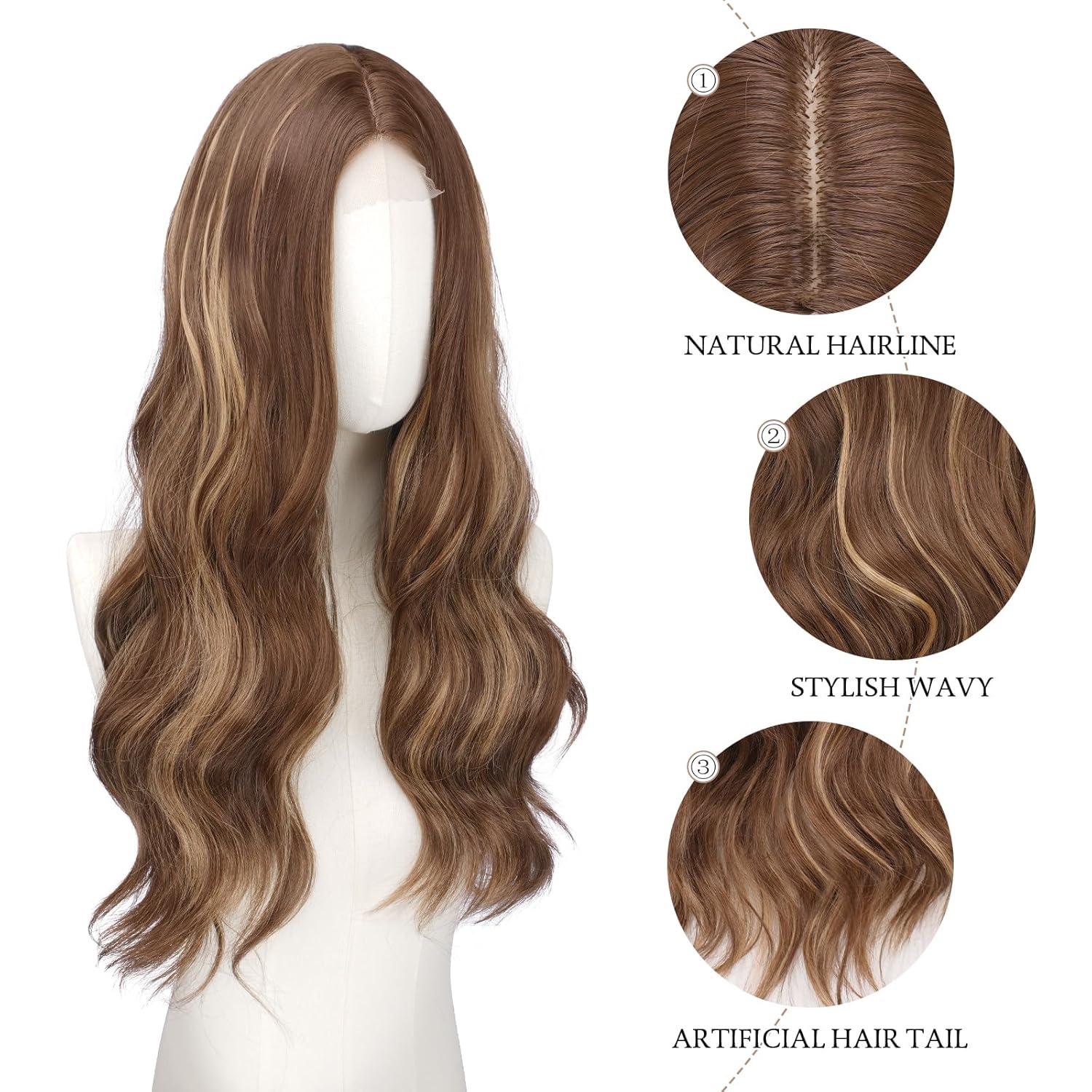 imageFESHFEN Long Dirty Blonde Wigs for Women 22 inch Middle Parting Synthetic Wavy Wig for Daily PartyHoney Blonde Mixed Light Brown