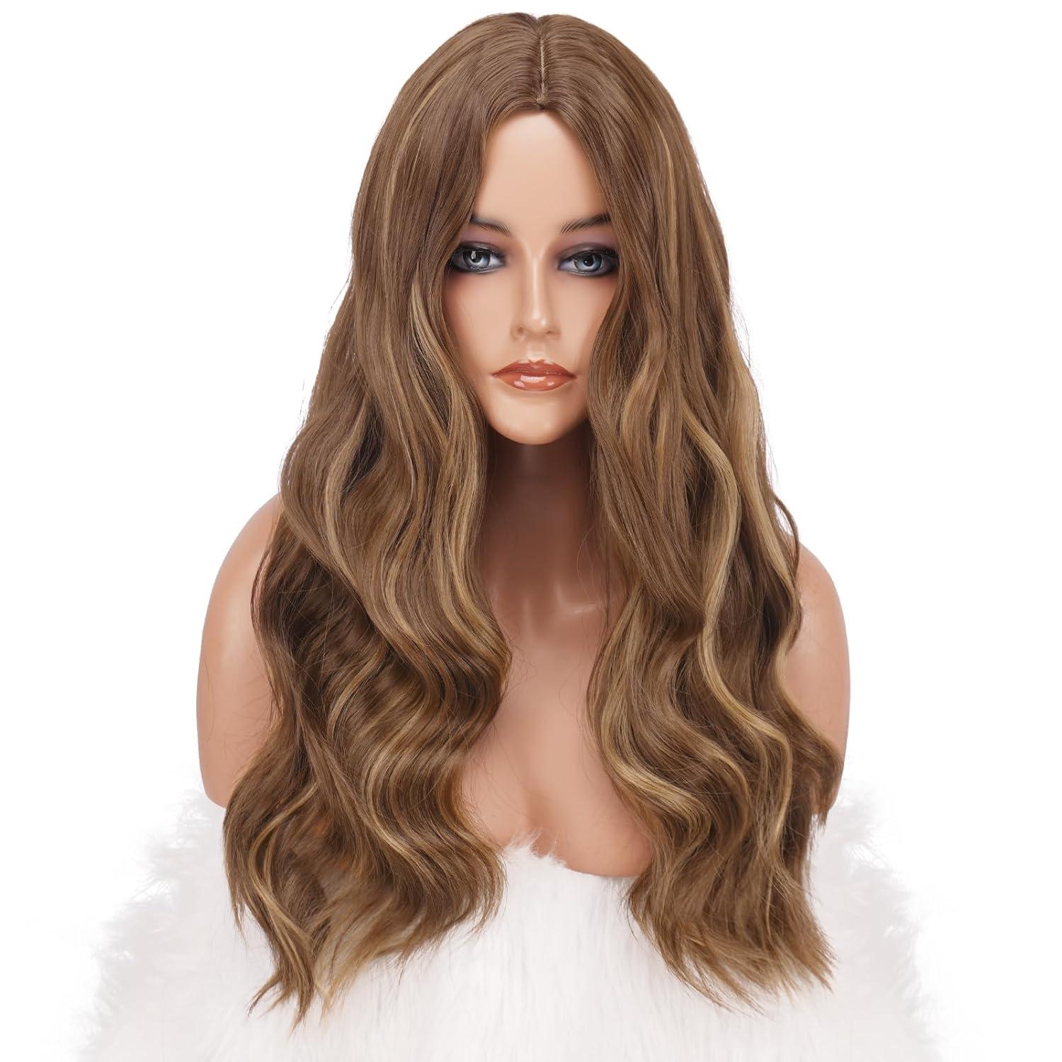 imageFESHFEN Long Dirty Blonde Wigs for Women 22 inch Middle Parting Synthetic Wavy Wig for Daily PartyHoney Blonde Mixed Light Brown