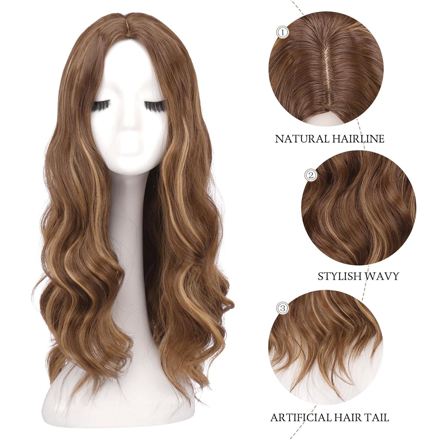imageFESHFEN Long Dirty Blonde Wigs for Women 22 inch Middle Parting Synthetic Wavy Wig for Daily PartyHoney Blonde Mixed Light Brown