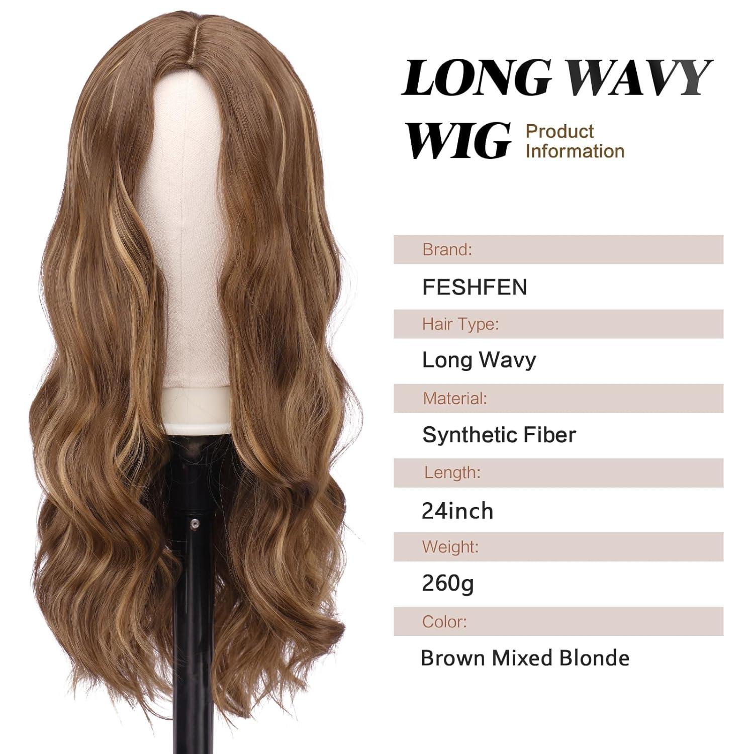 imageFESHFEN Long Dirty Blonde Wigs for Women 22 inch Middle Parting Synthetic Wavy Wig for Daily PartyHoney Blonde Mixed Light Brown