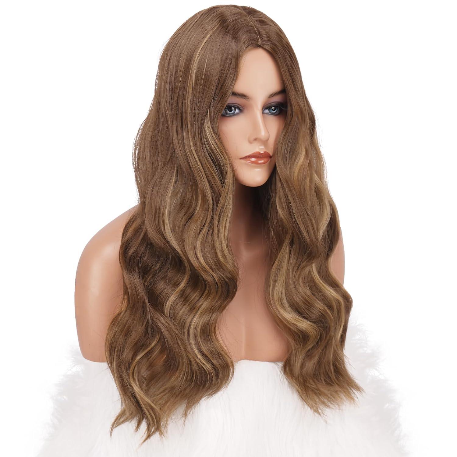 imageFESHFEN Long Dirty Blonde Wigs for Women 22 inch Middle Parting Synthetic Wavy Wig for Daily PartyHoney Blonde Mixed Light Brown
