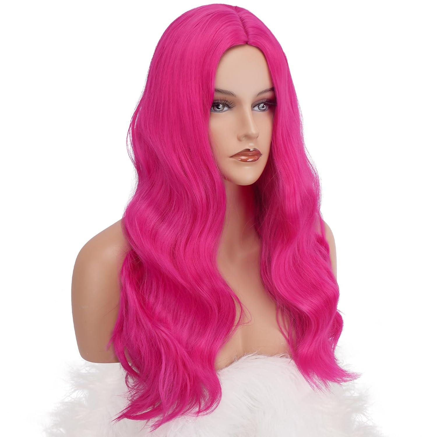 imageFESHFEN Long Dirty Blonde Wigs for Women 22 inch Middle Parting Synthetic Wavy Wig for Daily PartyHot Pink