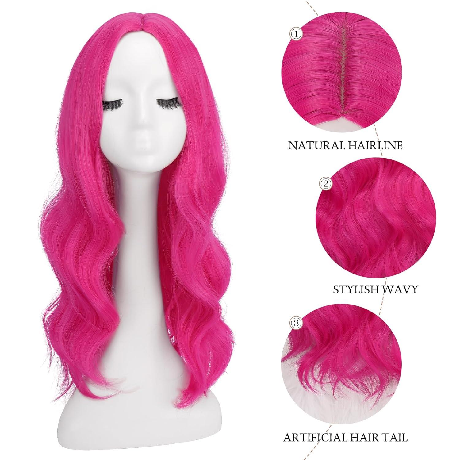 imageFESHFEN Long Dirty Blonde Wigs for Women 22 inch Middle Parting Synthetic Wavy Wig for Daily PartyHot Pink