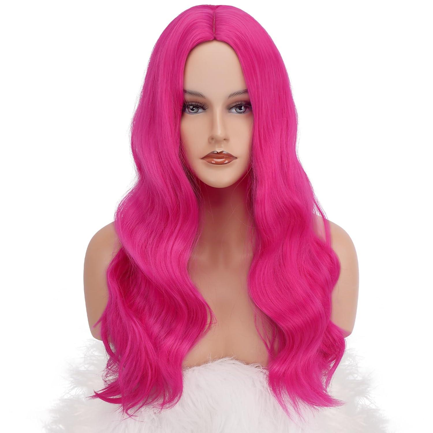 imageFESHFEN Long Dirty Blonde Wigs for Women 22 inch Middle Parting Synthetic Wavy Wig for Daily PartyHot Pink