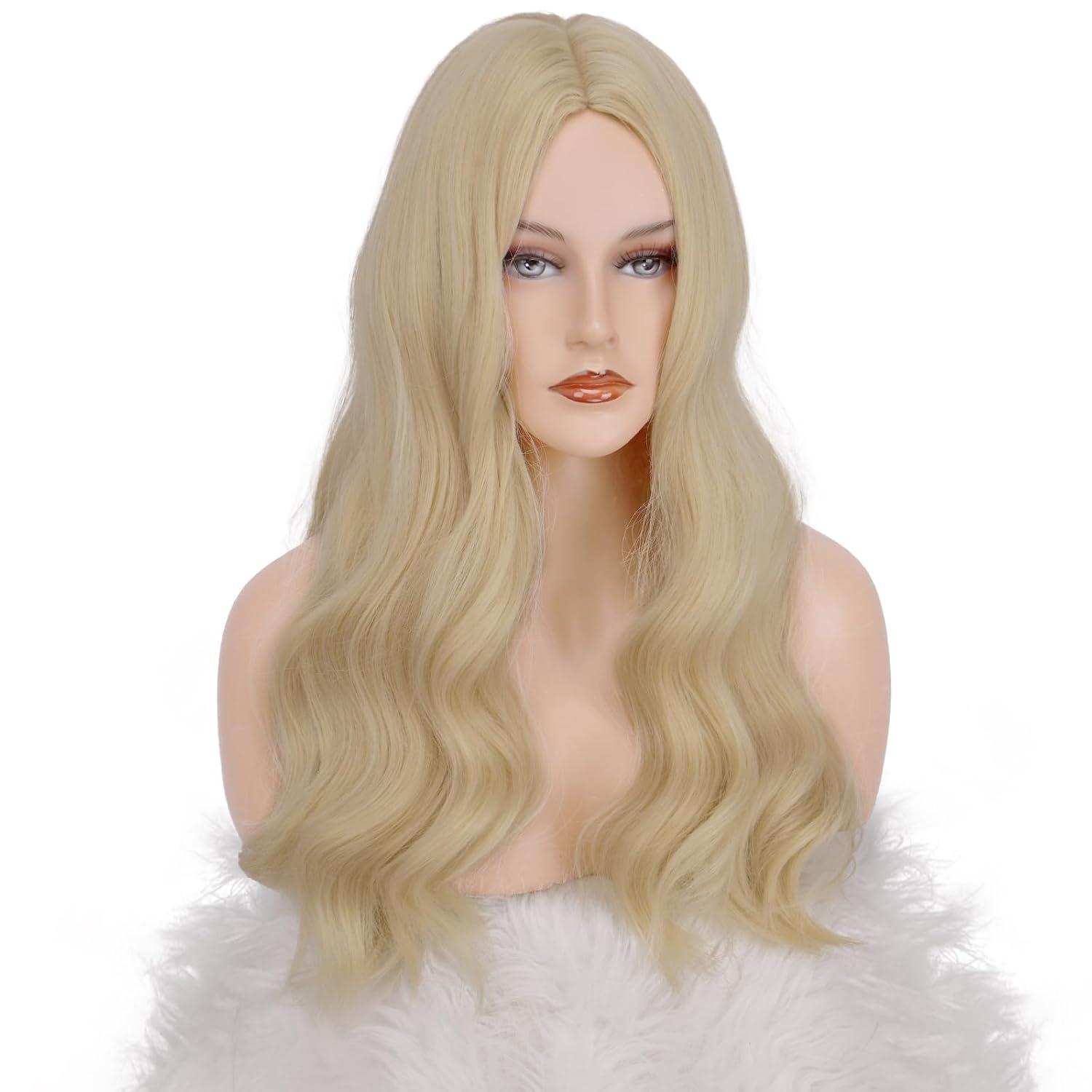 imageFESHFEN Long Dirty Blonde Wigs for Women 22 inch Middle Parting Synthetic Wavy Wig for Daily PartyLight Blonde