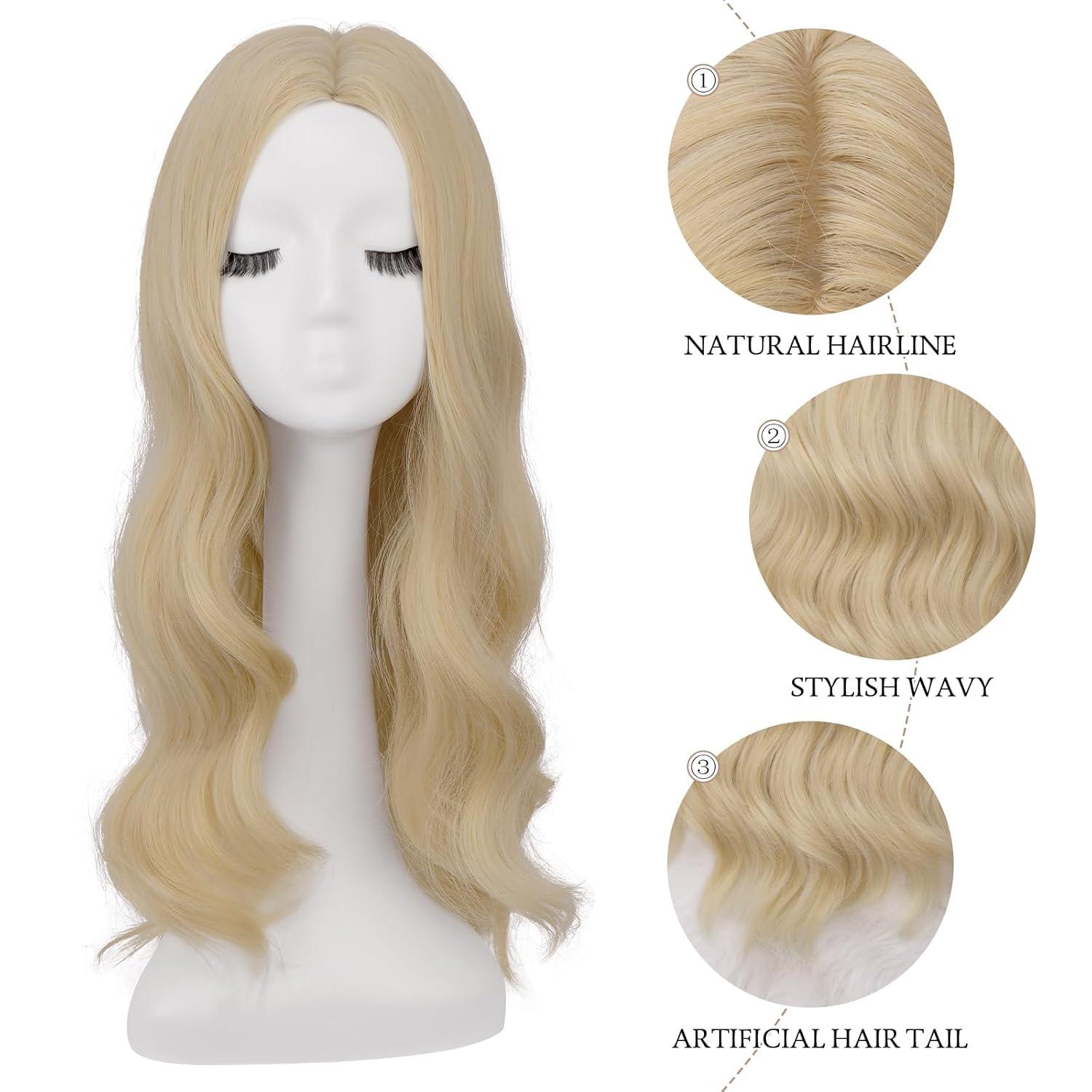 imageFESHFEN Long Dirty Blonde Wigs for Women 22 inch Middle Parting Synthetic Wavy Wig for Daily PartyLight Blonde
