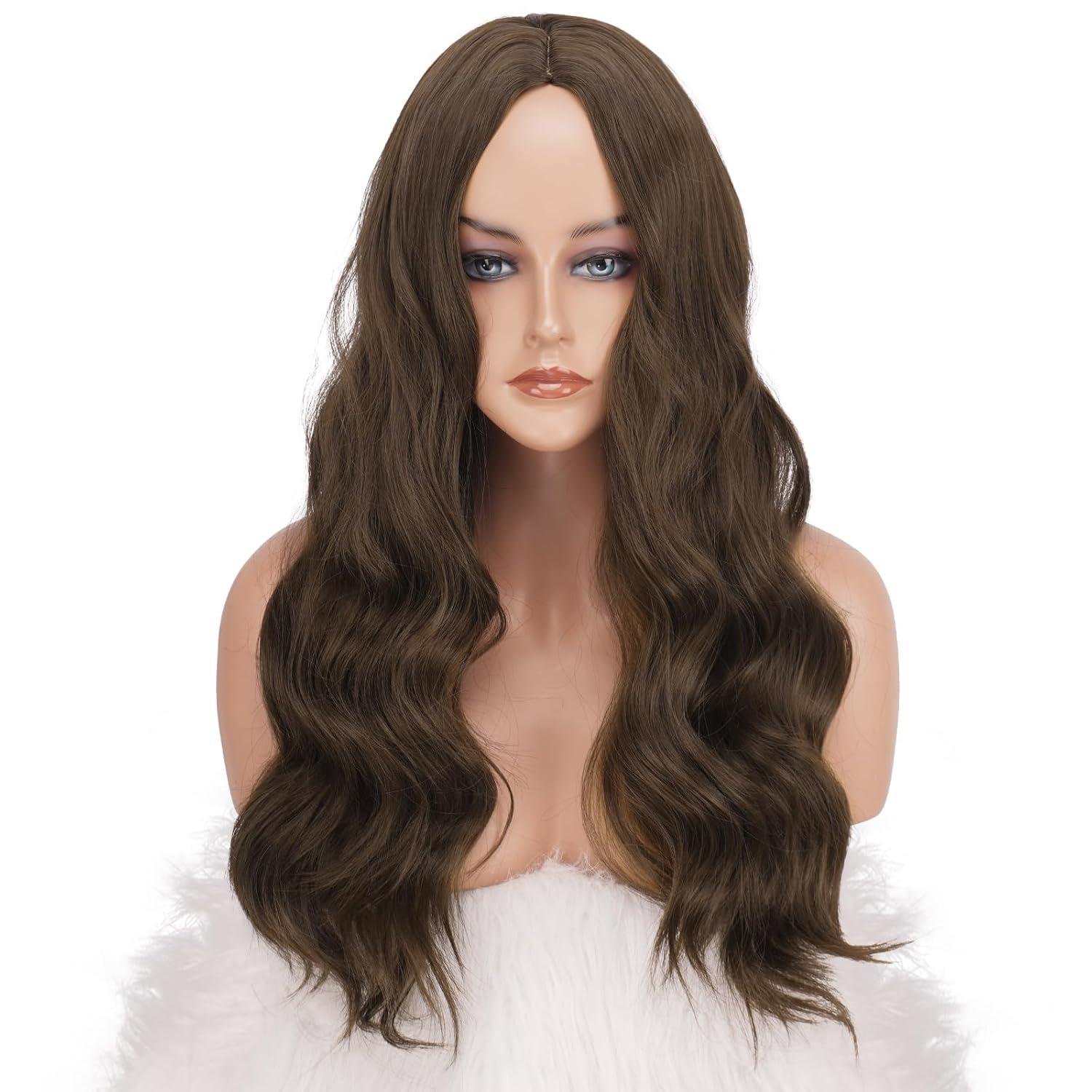 imageFESHFEN Long Dirty Blonde Wigs for Women 22 inch Middle Parting Synthetic Wavy Wig for Daily PartyMedium Brown