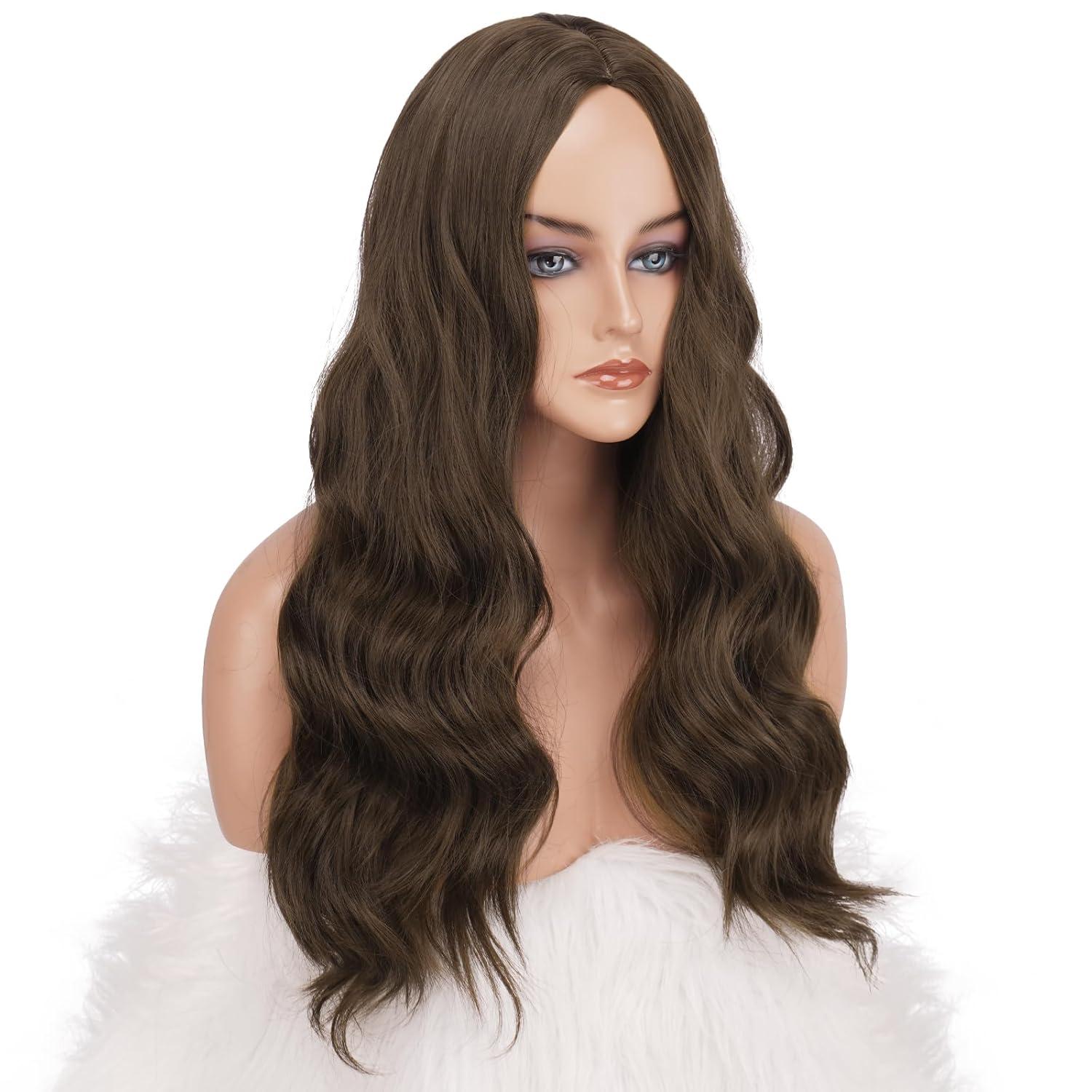 imageFESHFEN Long Dirty Blonde Wigs for Women 22 inch Middle Parting Synthetic Wavy Wig for Daily PartyMedium Brown