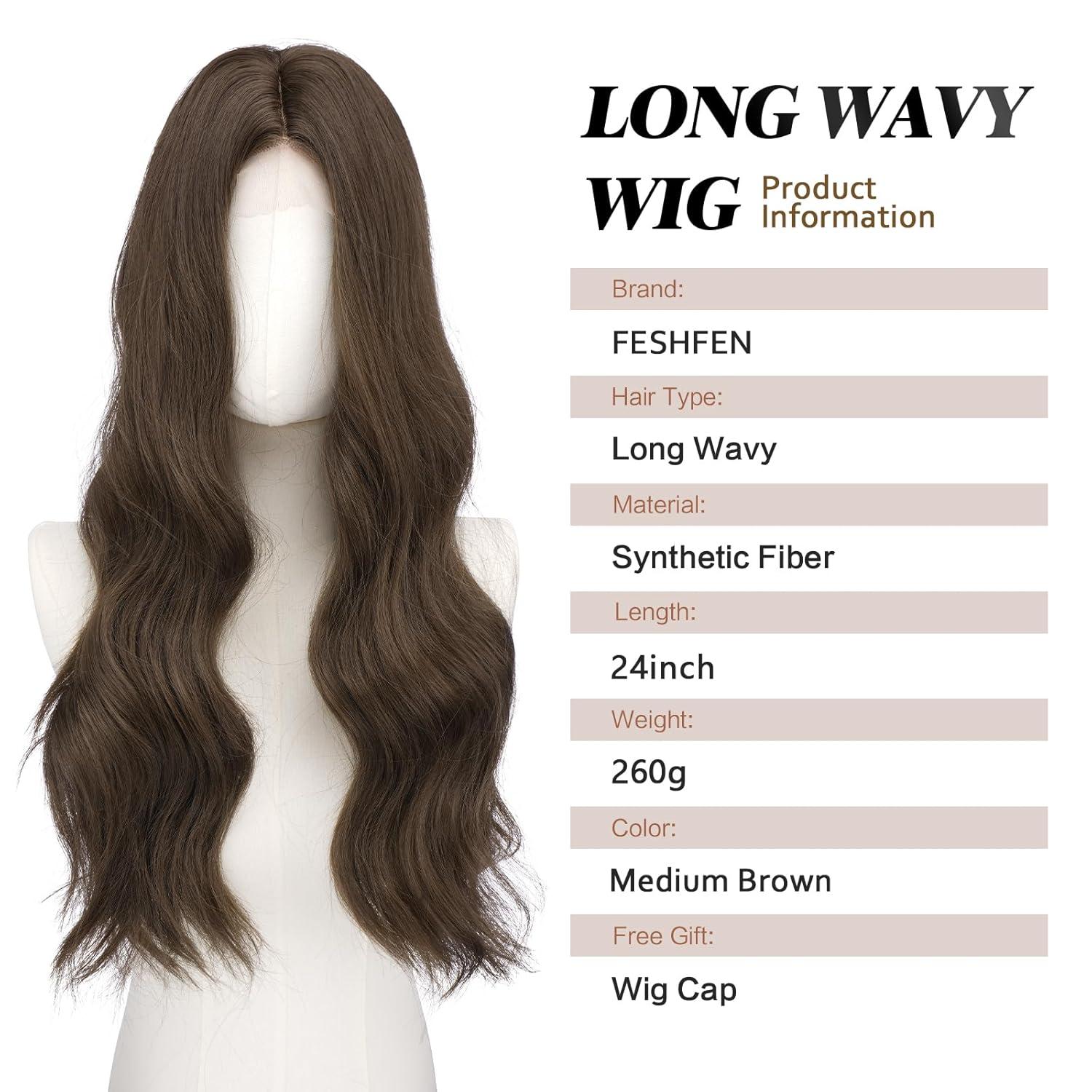imageFESHFEN Long Dirty Blonde Wigs for Women 22 inch Middle Parting Synthetic Wavy Wig for Daily PartyMedium Brown
