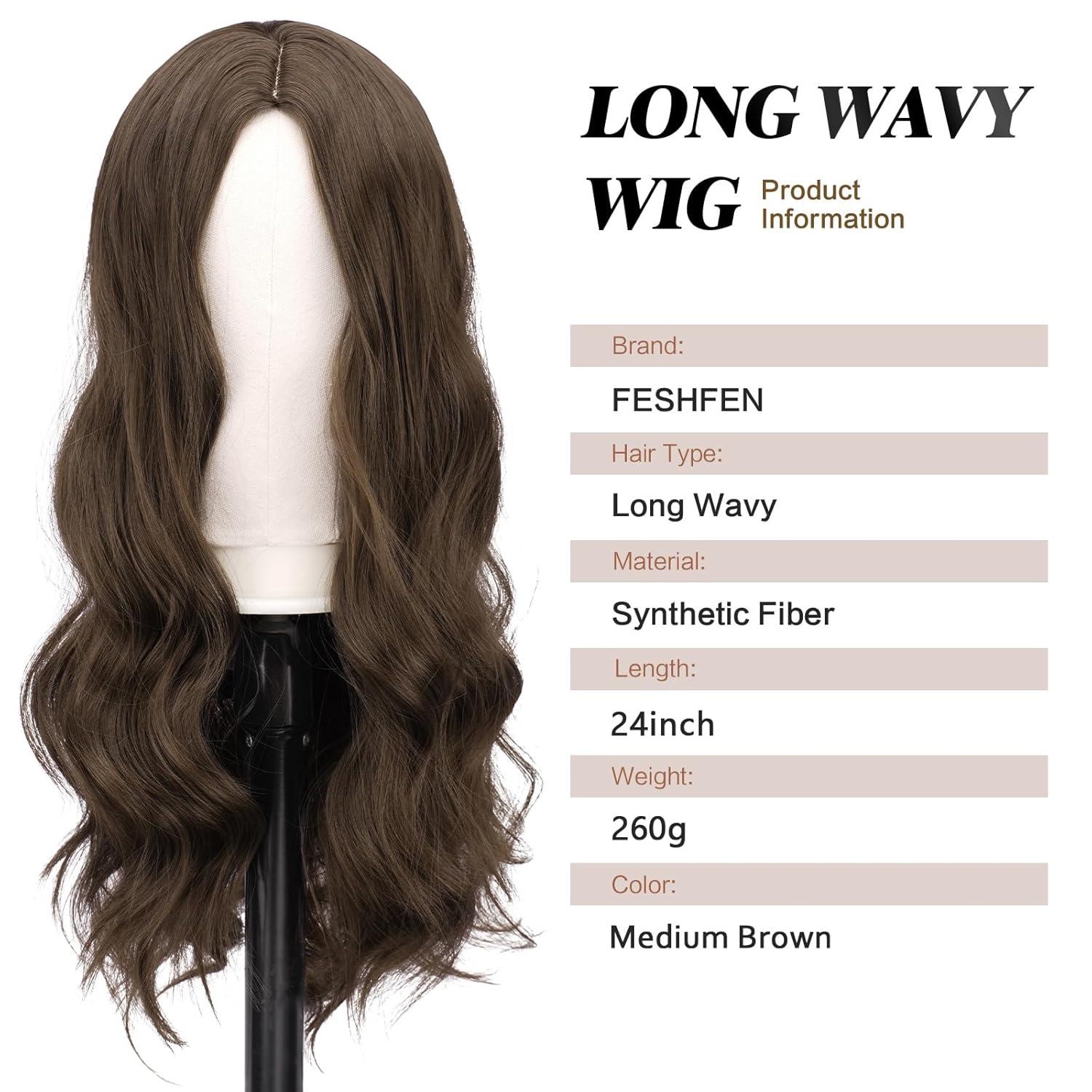 imageFESHFEN Long Dirty Blonde Wigs for Women 22 inch Middle Parting Synthetic Wavy Wig for Daily PartyMedium Brown