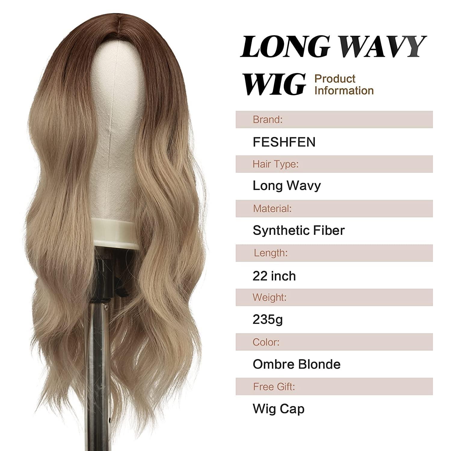 imageFESHFEN Long Dirty Blonde Wigs for Women 22 inch Middle Parting Synthetic Wavy Wig for Daily PartyOmbre Blonde