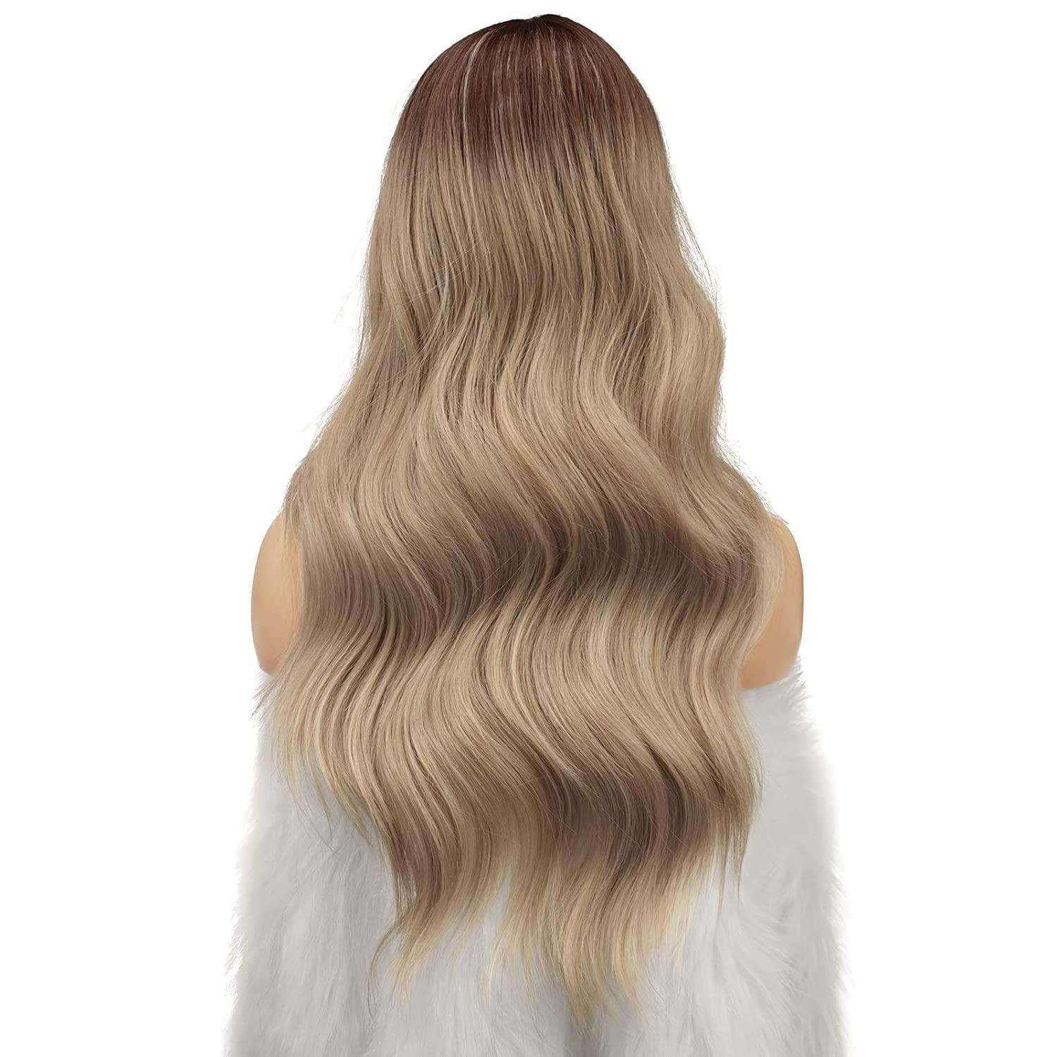 imageFESHFEN Long Dirty Blonde Wigs for Women 22 inch Middle Parting Synthetic Wavy Wig for Daily PartyOmbre Blonde