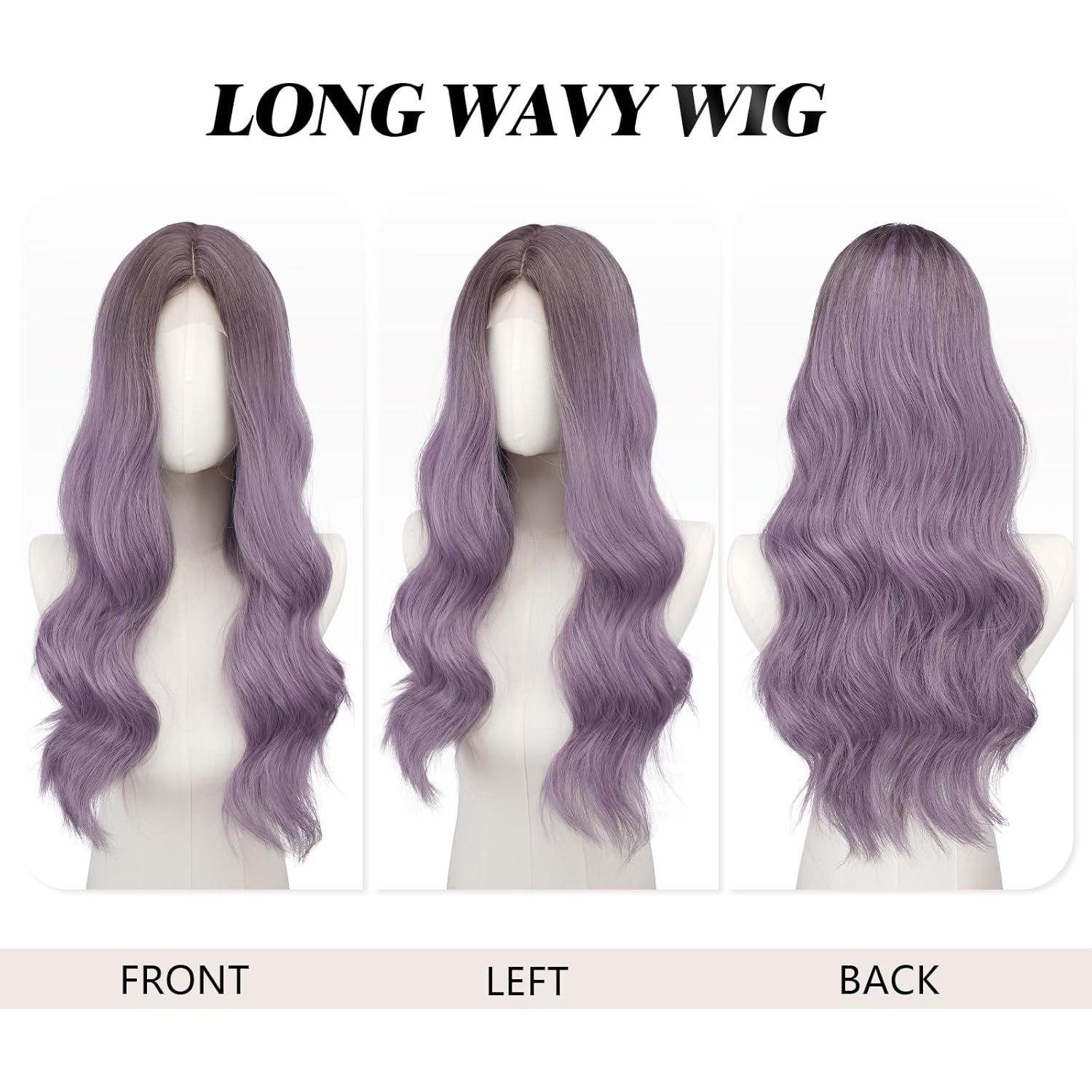 imageFESHFEN Long Dirty Blonde Wigs for Women 22 inch Middle Parting Synthetic Wavy Wig for Daily PartyOmbre Purple
