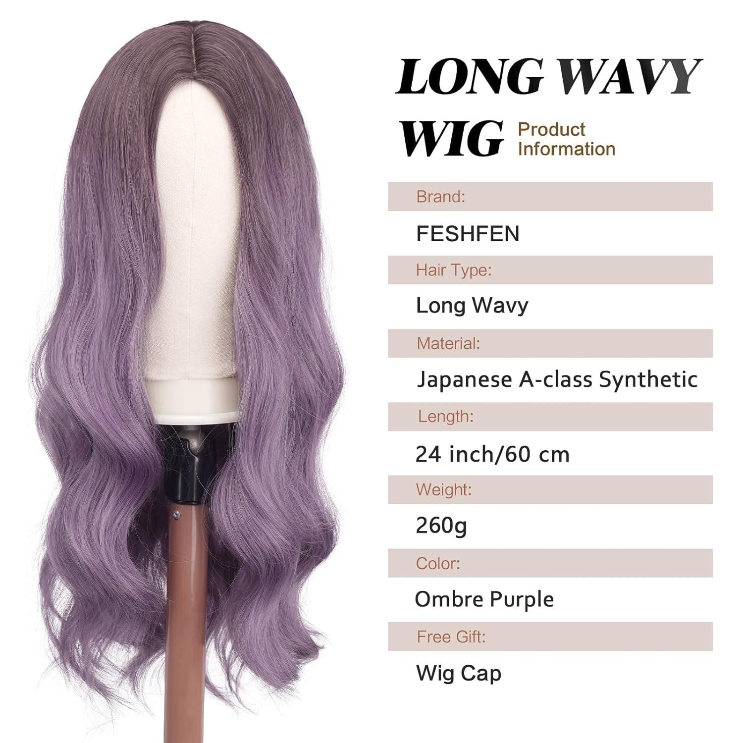 imageFESHFEN Long Dirty Blonde Wigs for Women 22 inch Middle Parting Synthetic Wavy Wig for Daily PartyOmbre Purple