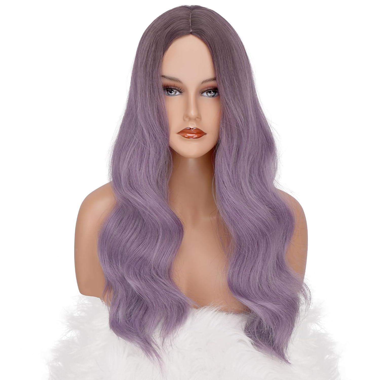 imageFESHFEN Long Dirty Blonde Wigs for Women 22 inch Middle Parting Synthetic Wavy Wig for Daily PartyOmbre Purple